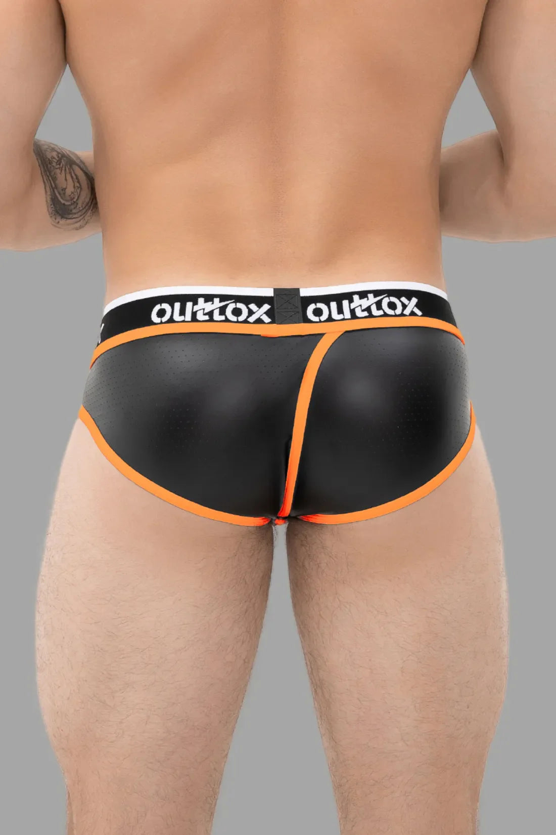 Outtox. Wrapped Rear Briefs with Snap Codpiece. Black & Orange