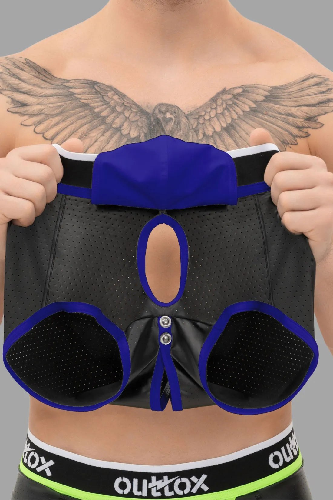 Outtox. Wrapped Rear Trunk Shorts with Snap Codpiece. Black & Blue 'Royal'