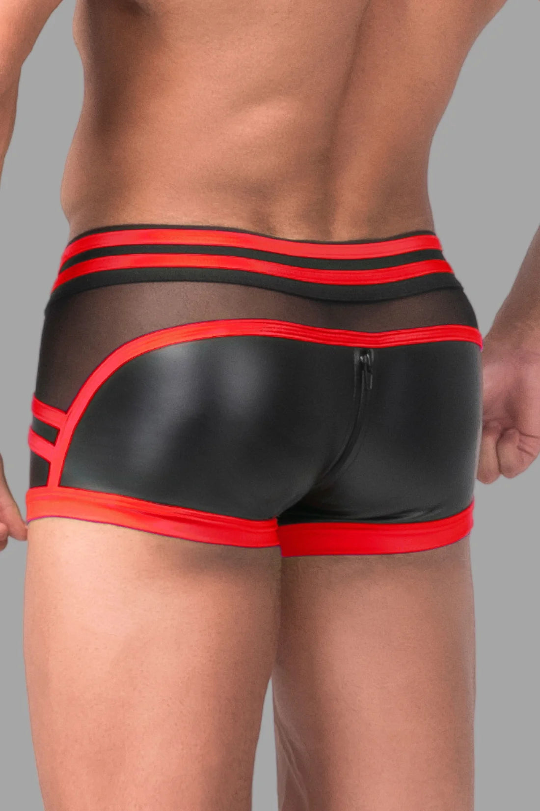 Youngero Generation Y. Men's Trunk Shorts. Codpiece. Zippered Rear. Black & Red