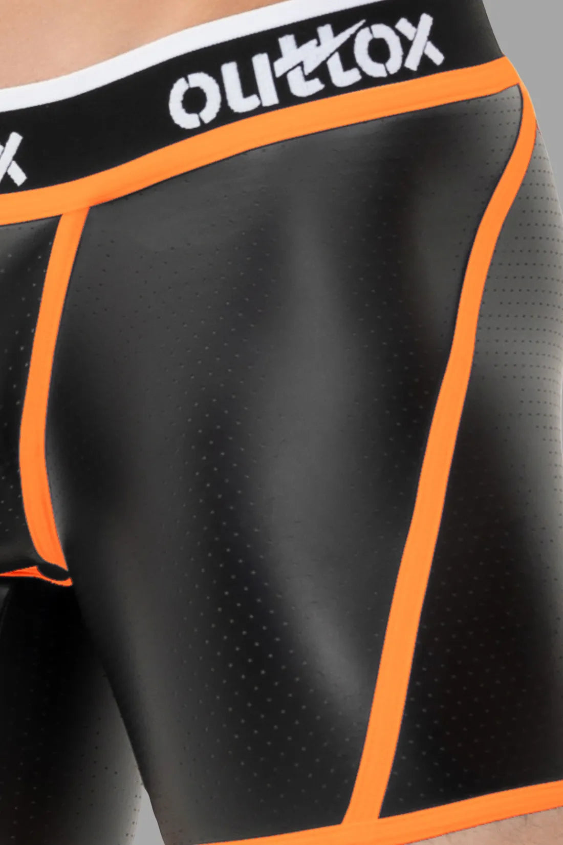 Outtox. Open Rear Shorts with Snap Codpiece. Black & Orange