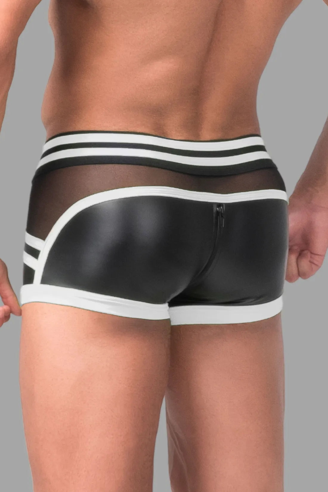 Youngero Generation Y. Shorts de tronco masculino. Tapa-sexo. Zíper traseiro. Preto e branco 'Neon'