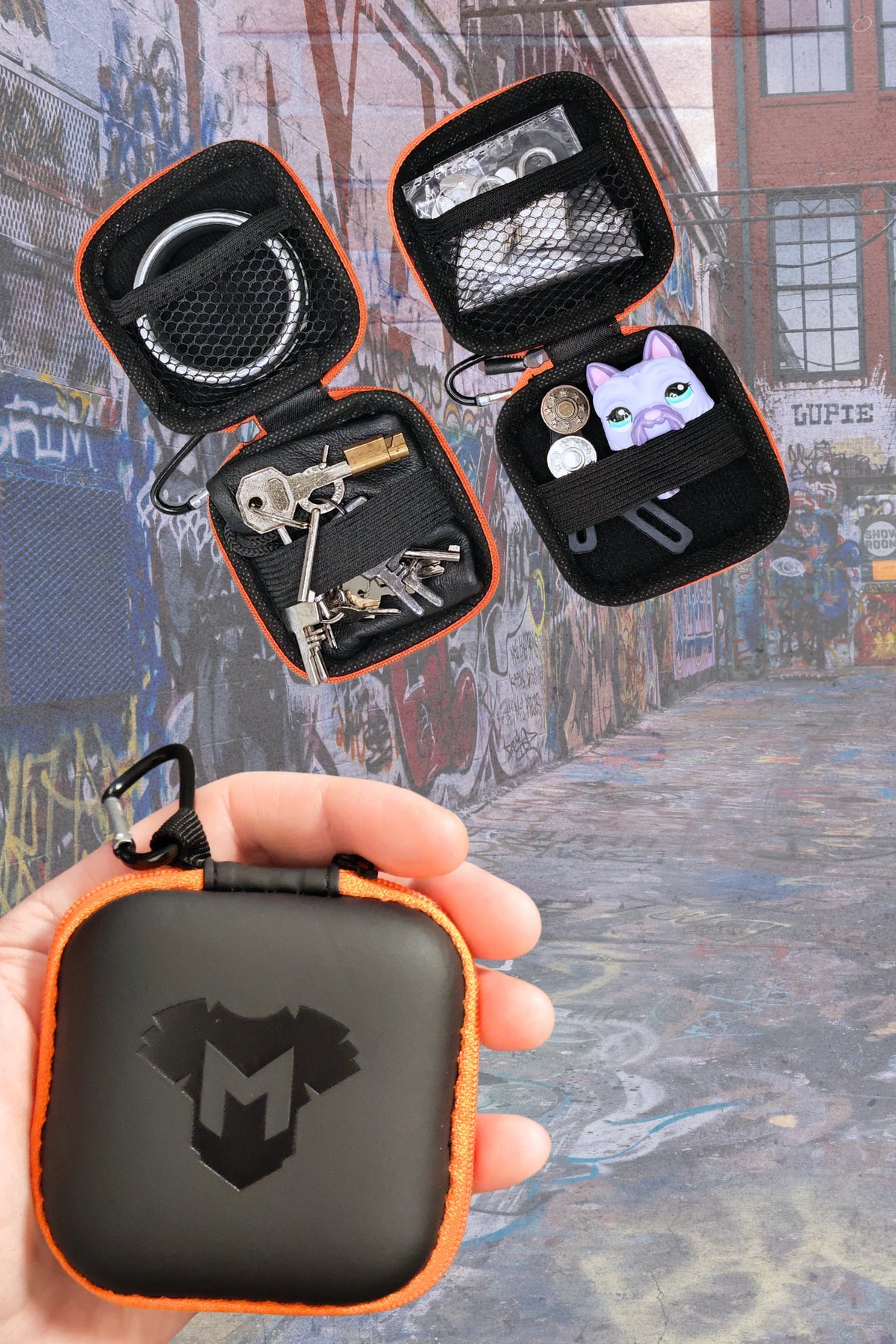 Jax Wanderlust. Mini Zip-Case with Carabiner. Black + Orange