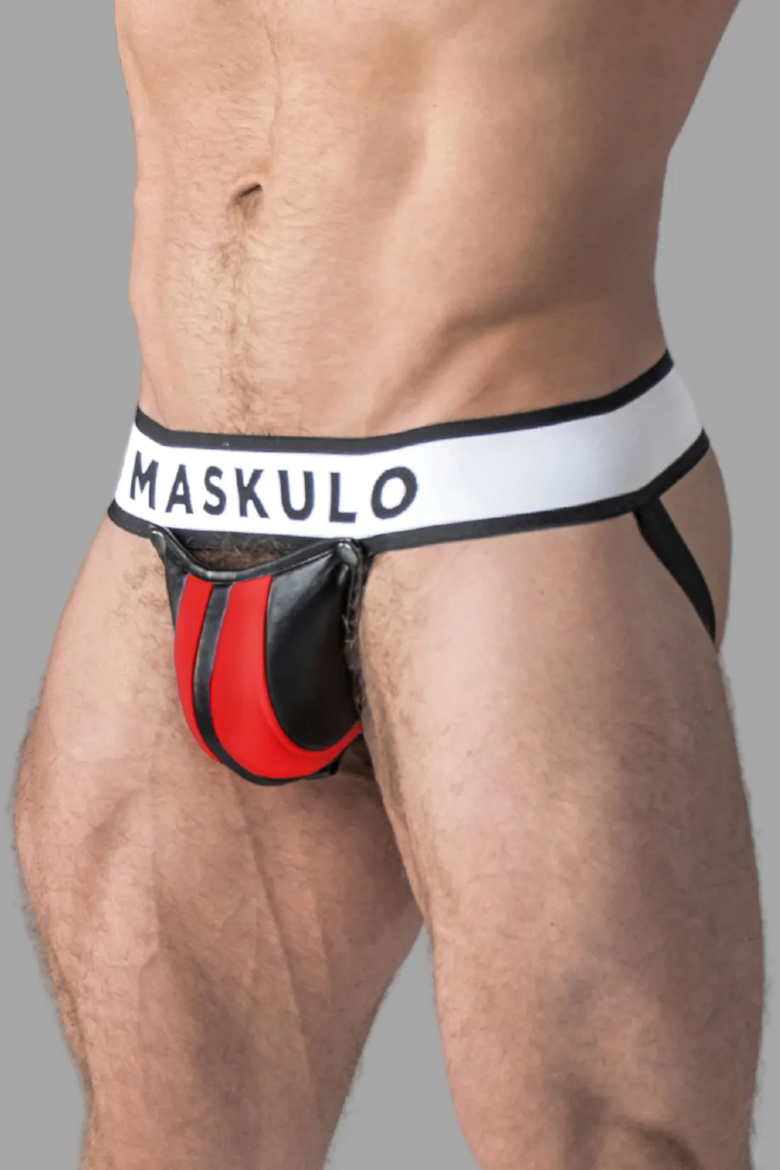 Armored. Men's Fetish Jock. Detachable Codpiece. Black & Red