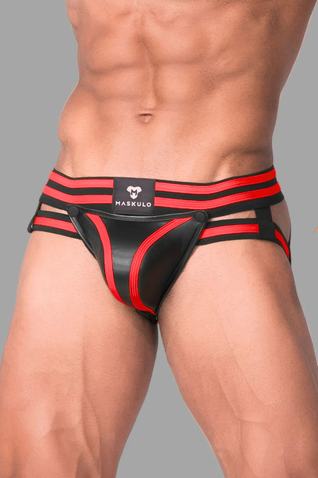 Youngero Geração Y. Jock Fetiche Masculino. Codpiece. Preto e Vermelho