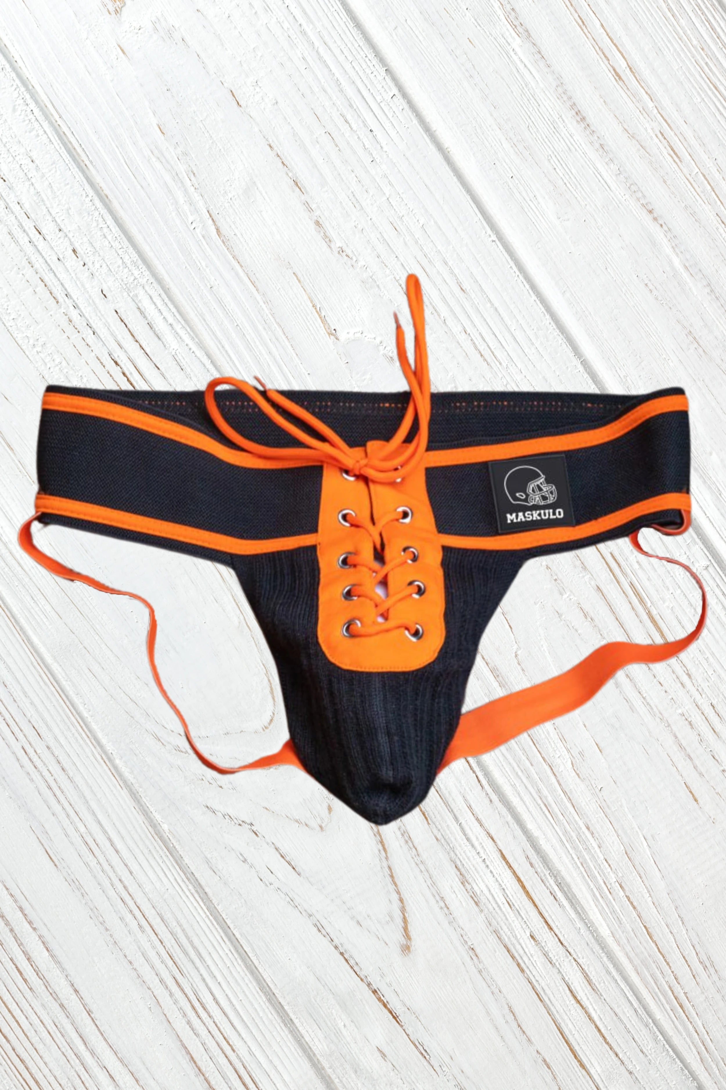 Matt Gridd-Iron, American Football Jockstrap. Zwart + Oranje