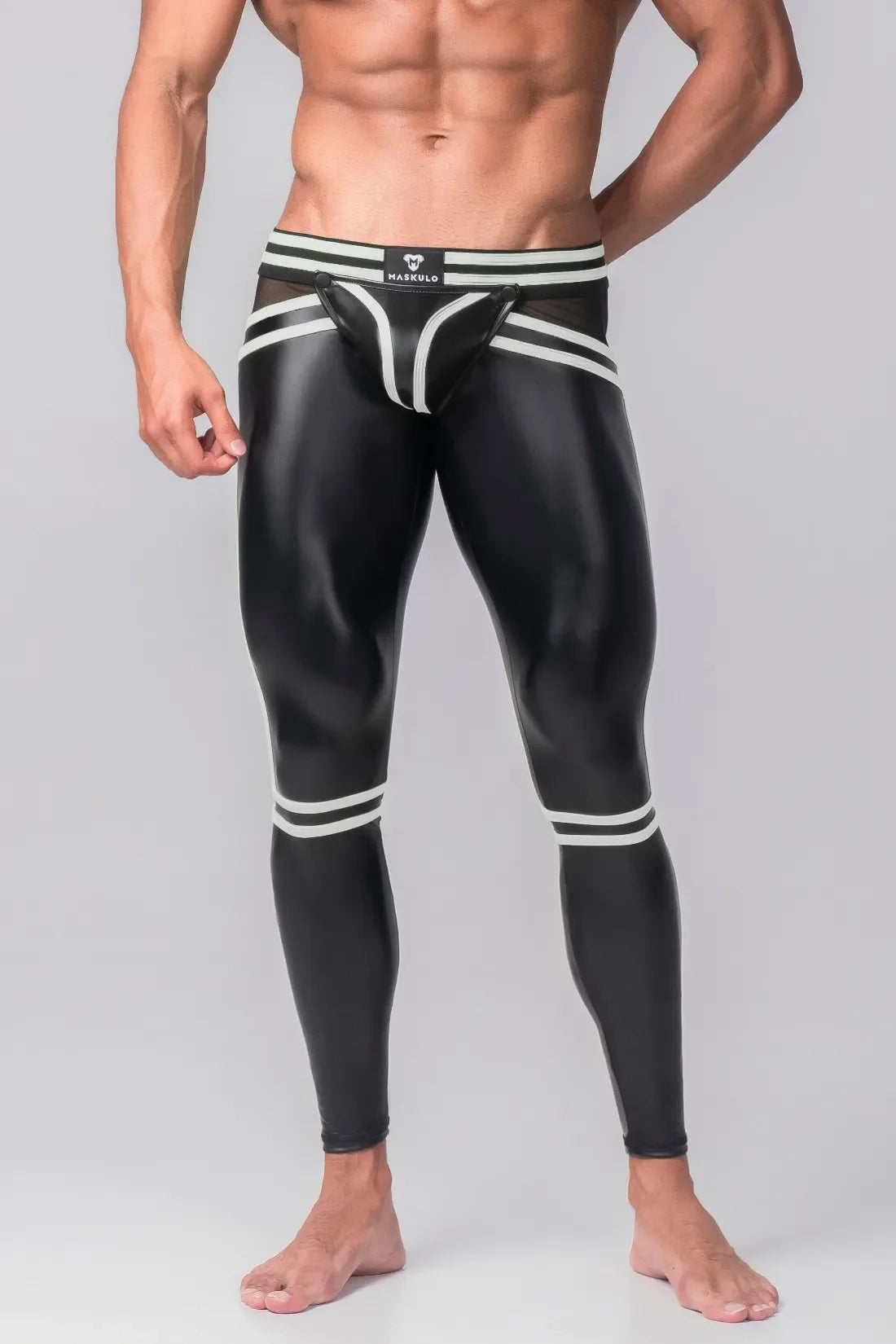 Youngero Generation Y. Leggings masculinas. Tapa-sexo. Zíper traseiro. Preto e branco 'Neon'