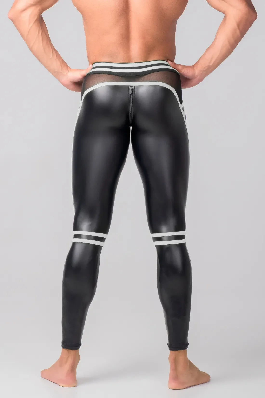 Youngero Generation Y. Leggings masculinas. Tapa-sexo. Zíper traseiro. Preto e branco 'Neon'