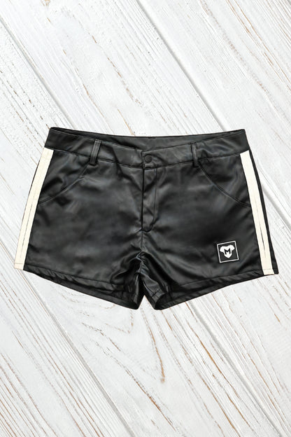 Cruz Gearshift PU Leather Shorts. Black + 2 White Stripes