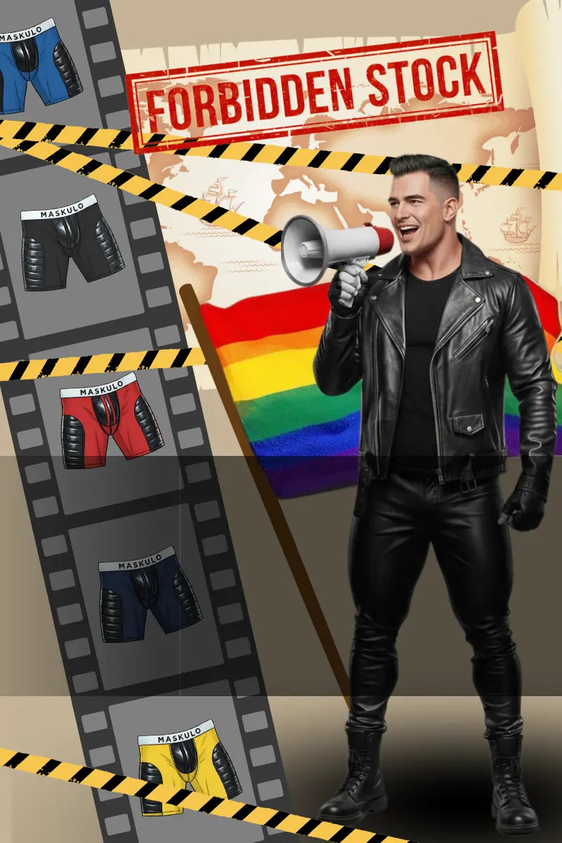 Man in leather jacket and pants holding a megaphone with 'FORBIDDEN STOCK' sign and rainbow flag, surrounded by maps and photos of Maskulo shorts.