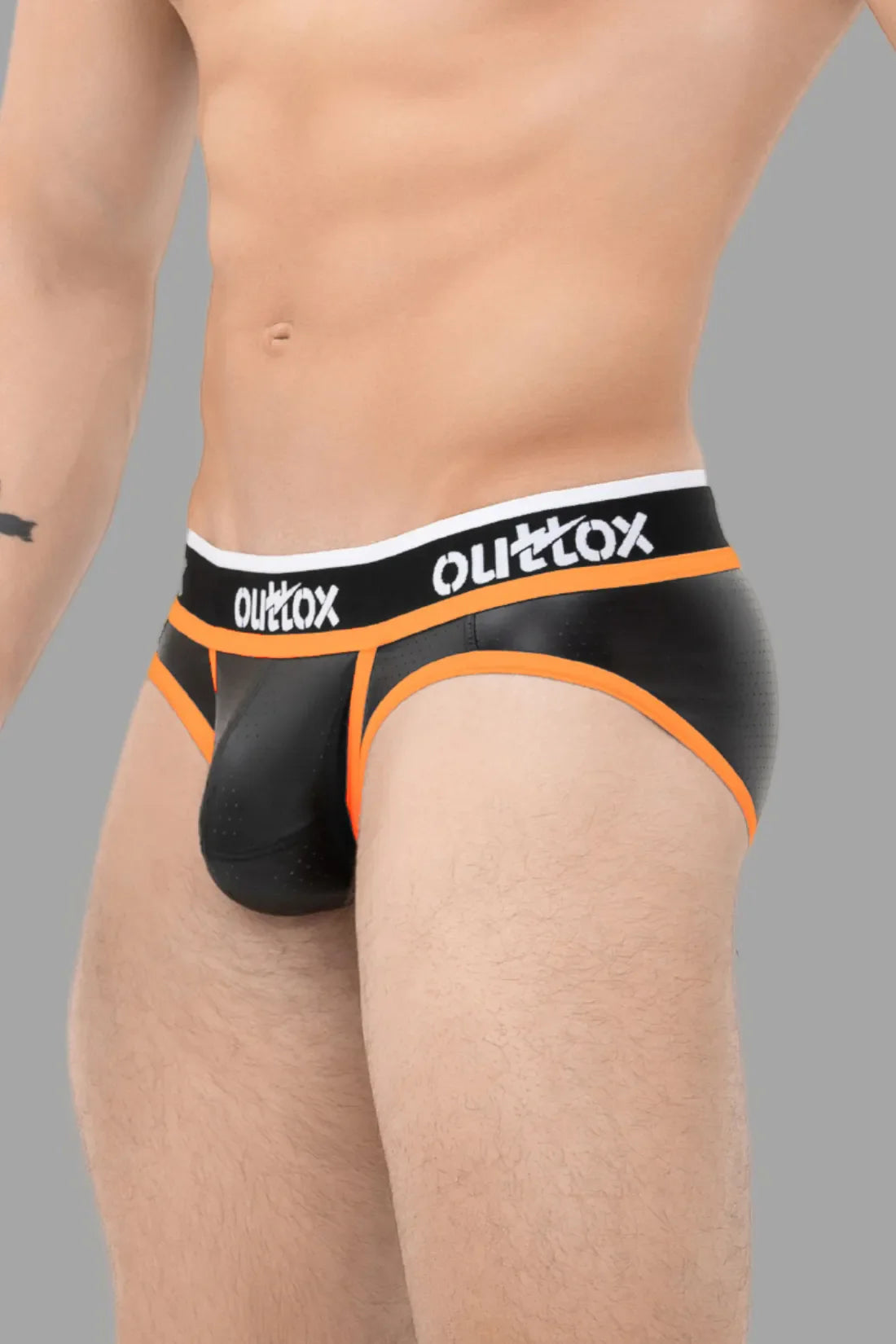 Outtox. Wrapped Rear Briefs with Snap Codpiece. Black & Orange