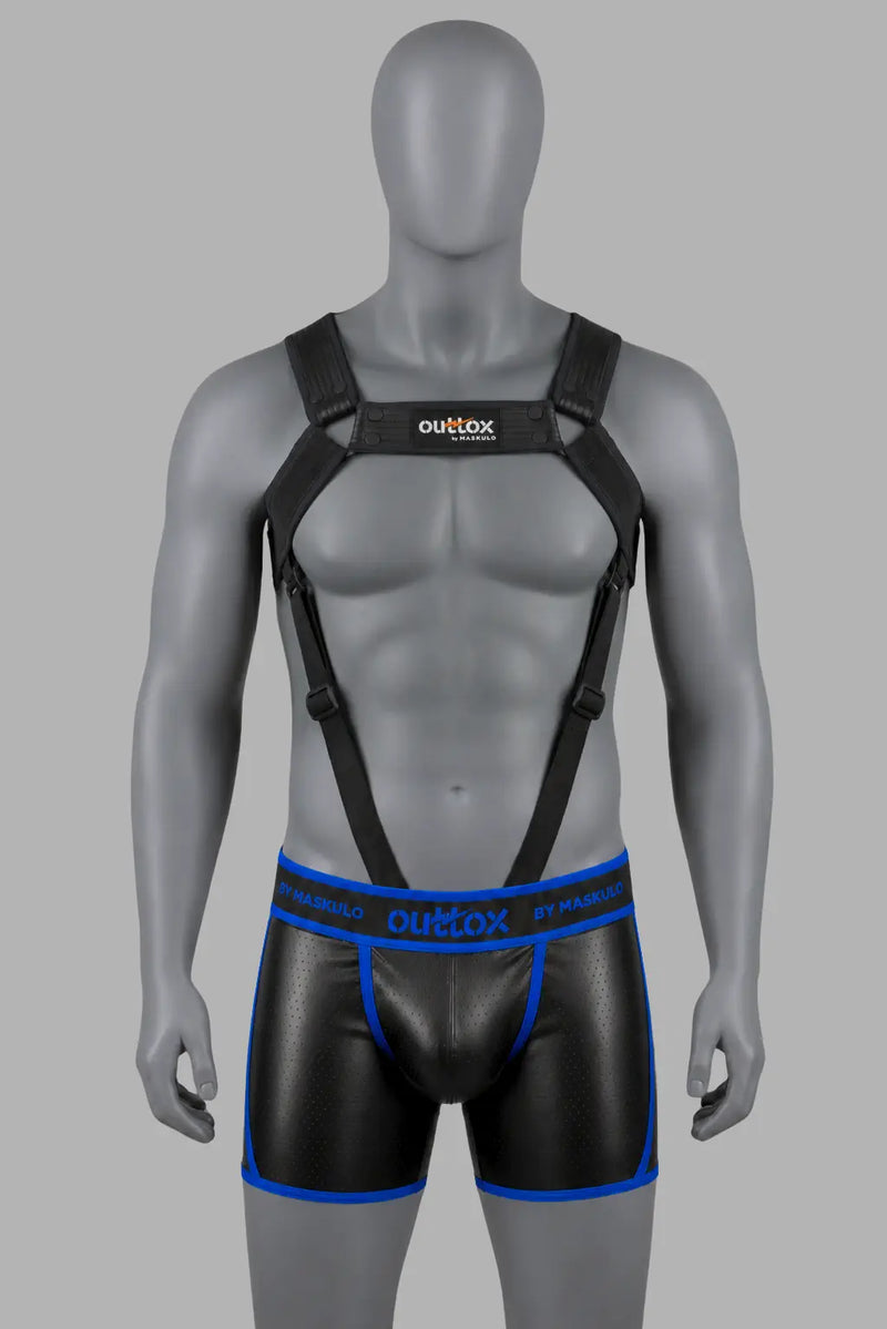 Outtox Harness in black. Features stretch PU leather straps, adjustable snap buttons, and visually slimming elastic front bands.