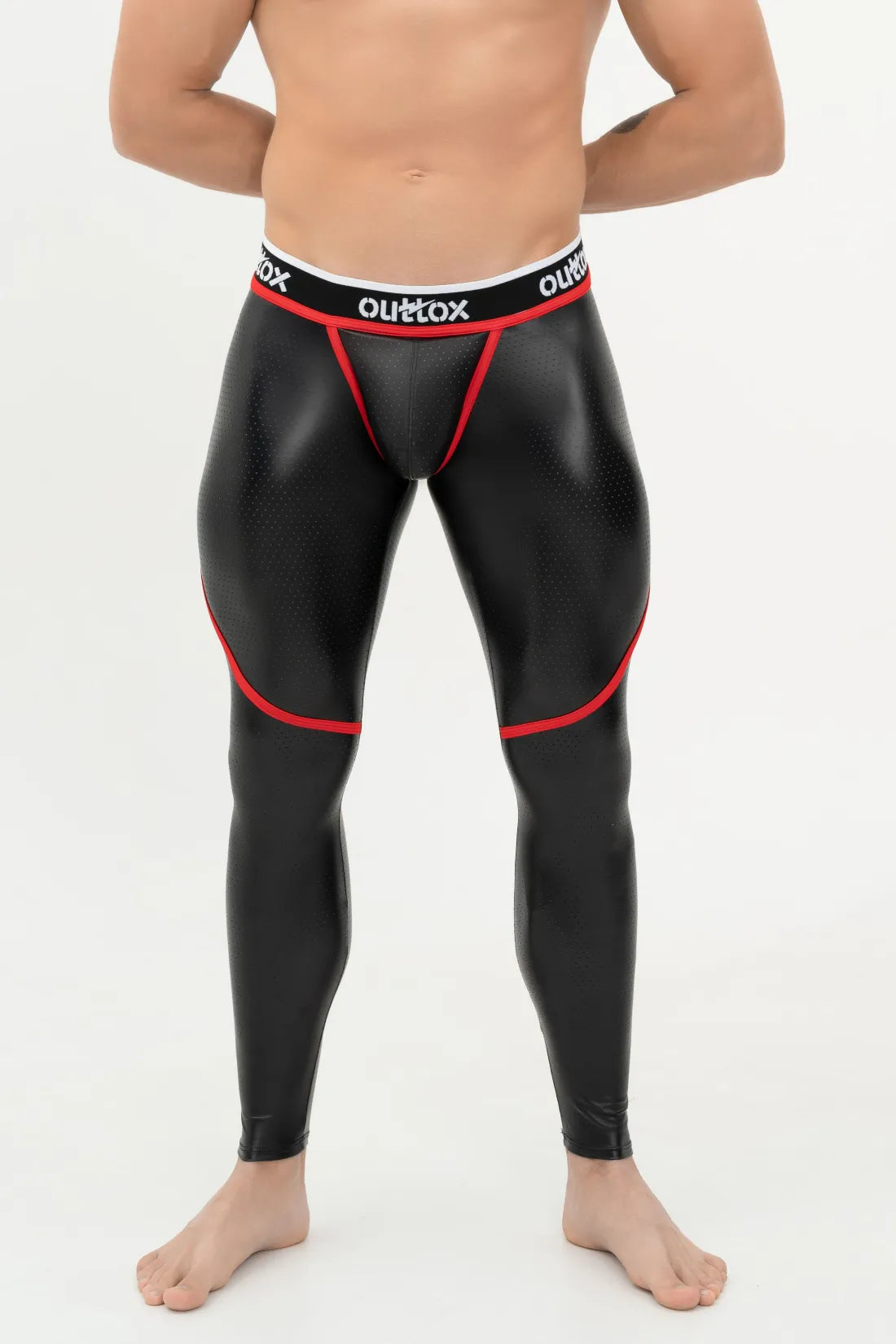 Outtox. Zip-Rear Leggings with Snap Codpiece. Black & Red