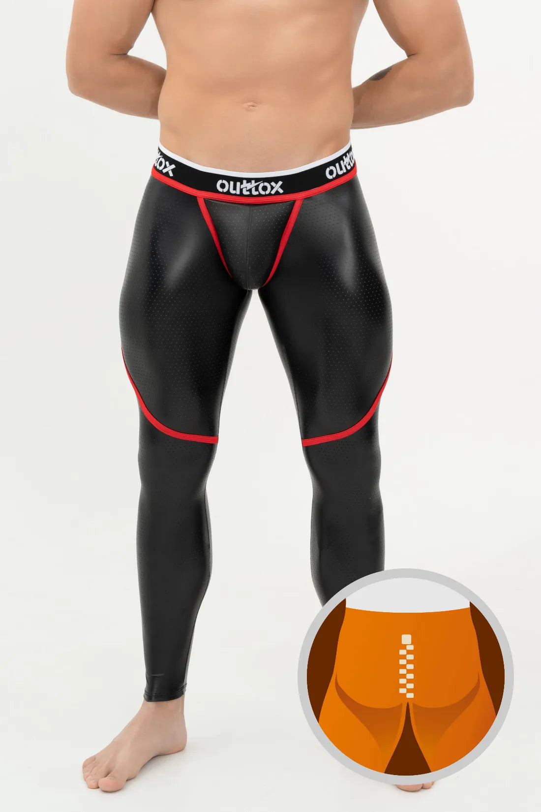 Outtox. Zip-Rear Leggings with Snap Codpiece. Black & Red