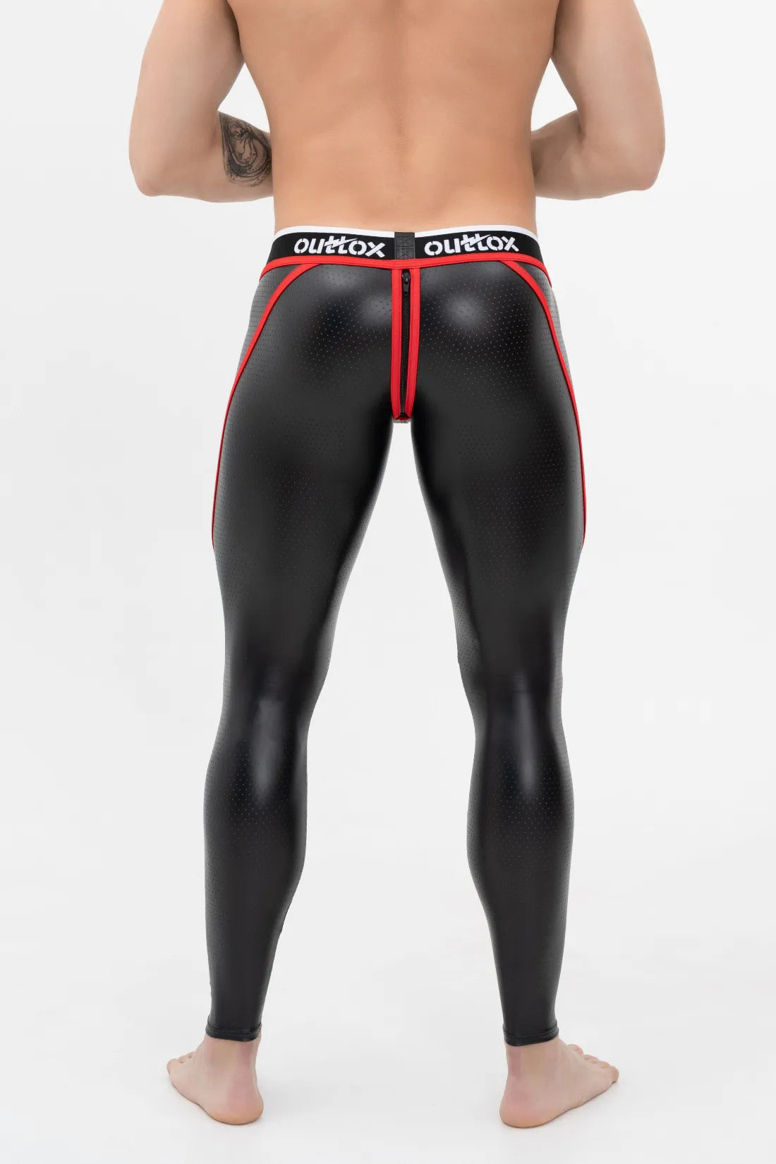 Outtox. Zip-Rear Leggings with Snap Codpiece. Black & Red