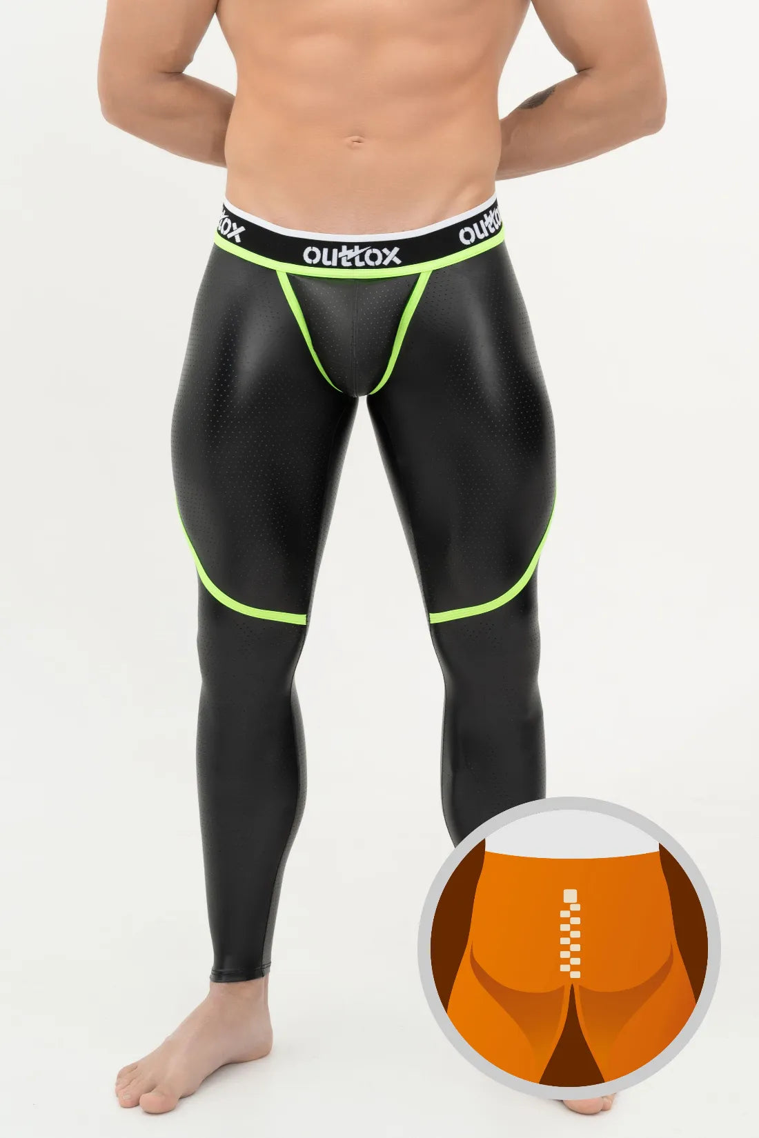 Outtox. Zip-Rear Leggings with Snap Codpiece. Black & Green 'Neon'