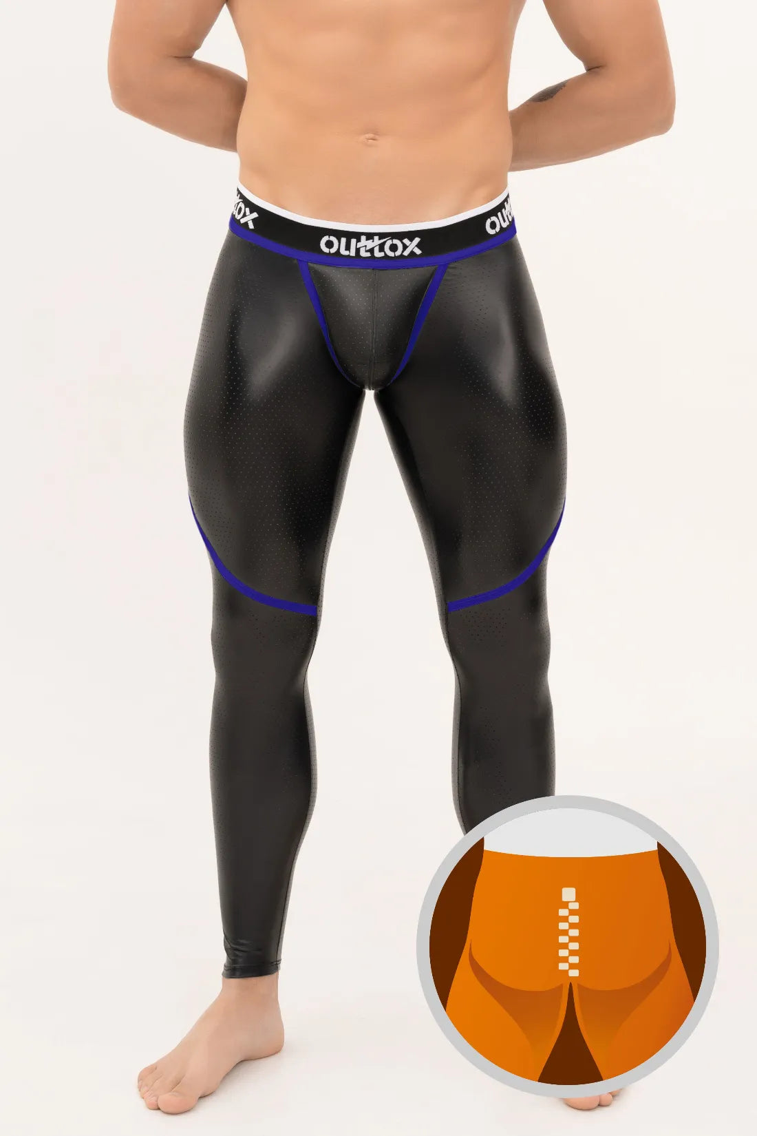 Outtox. Zip-Rear Leggings with Snap Codpiece. Black & Blue 'Royal'