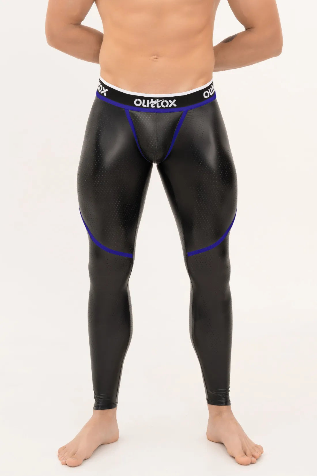 Outtox. Zip-Rear Leggings with Snap Codpiece. Black & Blue 'Royal'