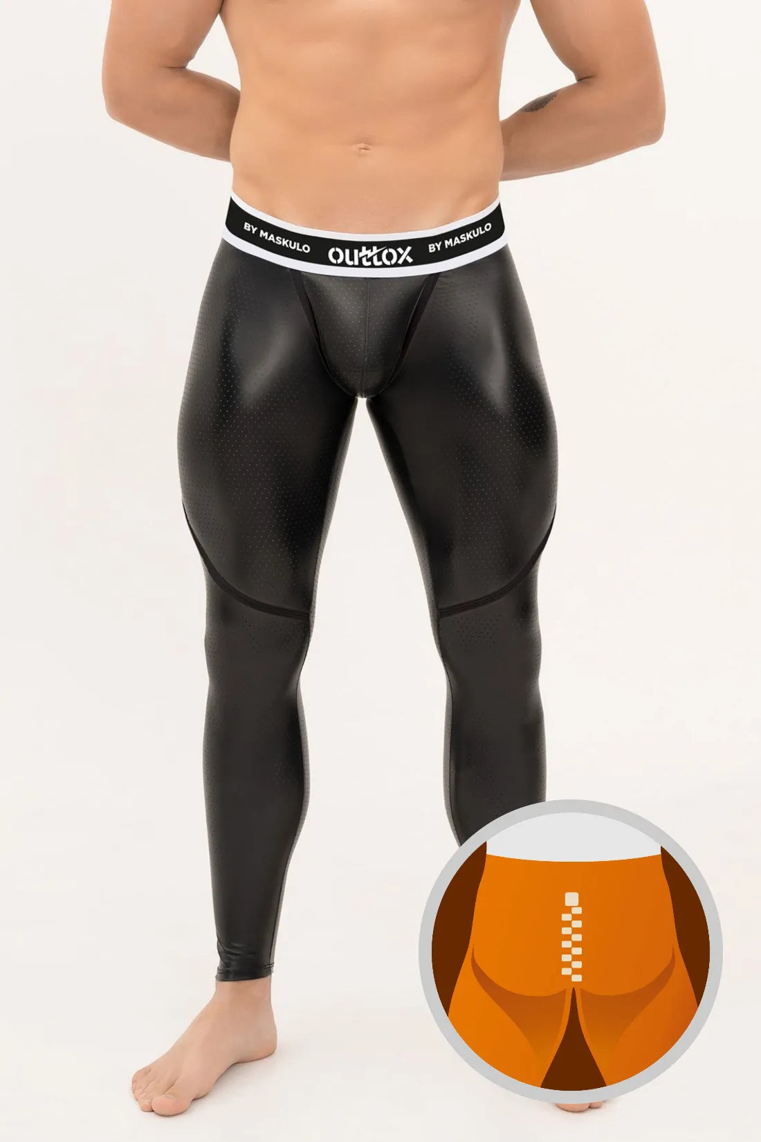 Outtox. Leggings traseiras com zíper e tapa-sexo de pressão. Preto