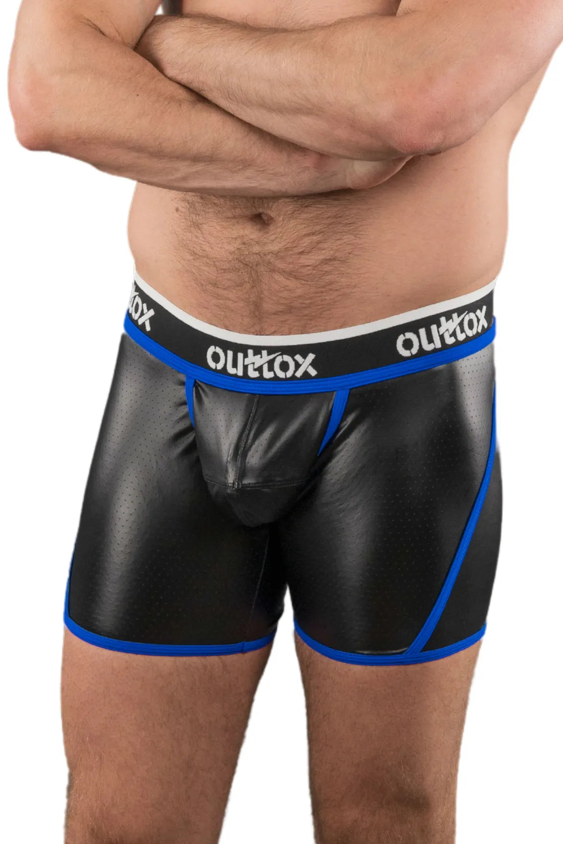 Outtox. Shorts traseiros abertos com tapa-sexo de pressão. Azul