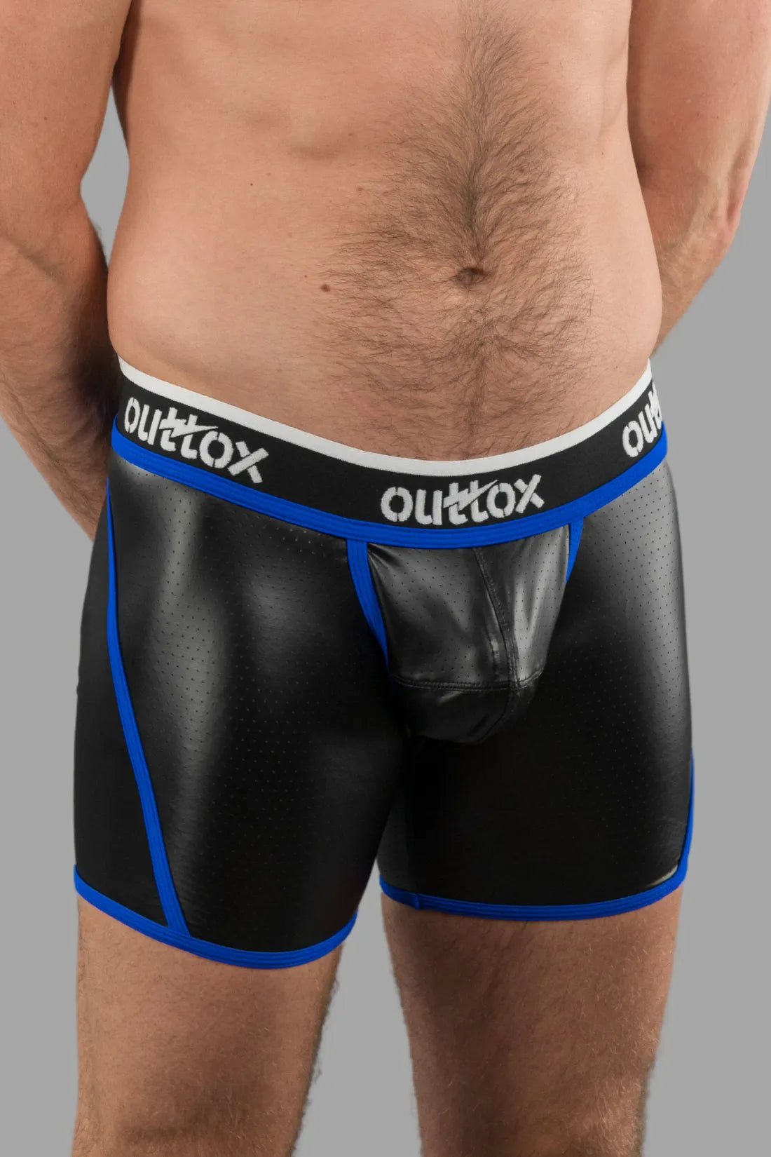 Outtox. Shorts traseiros abertos com tapa-sexo de pressão. Azul