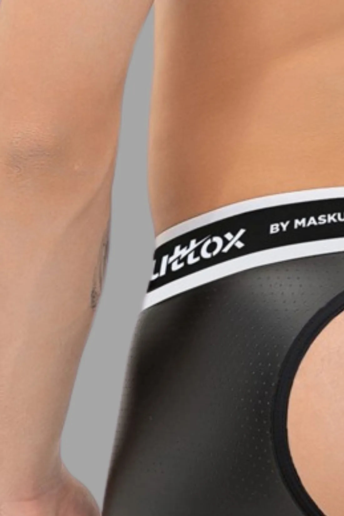 Outtox by Maskulo. Open Rear Trunk Shorts with Snap Codpiece. Black