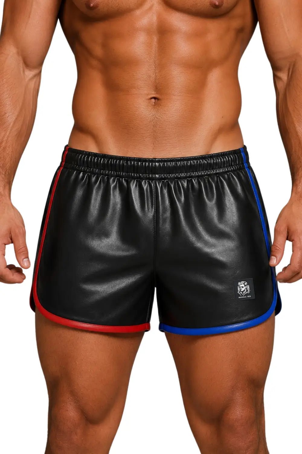 Axel GoDuo Shorts. Red + Blue. Jogging styled PU Leather Shorts MSH275 - 4 - Official brand store Maskulo US, Miami FL