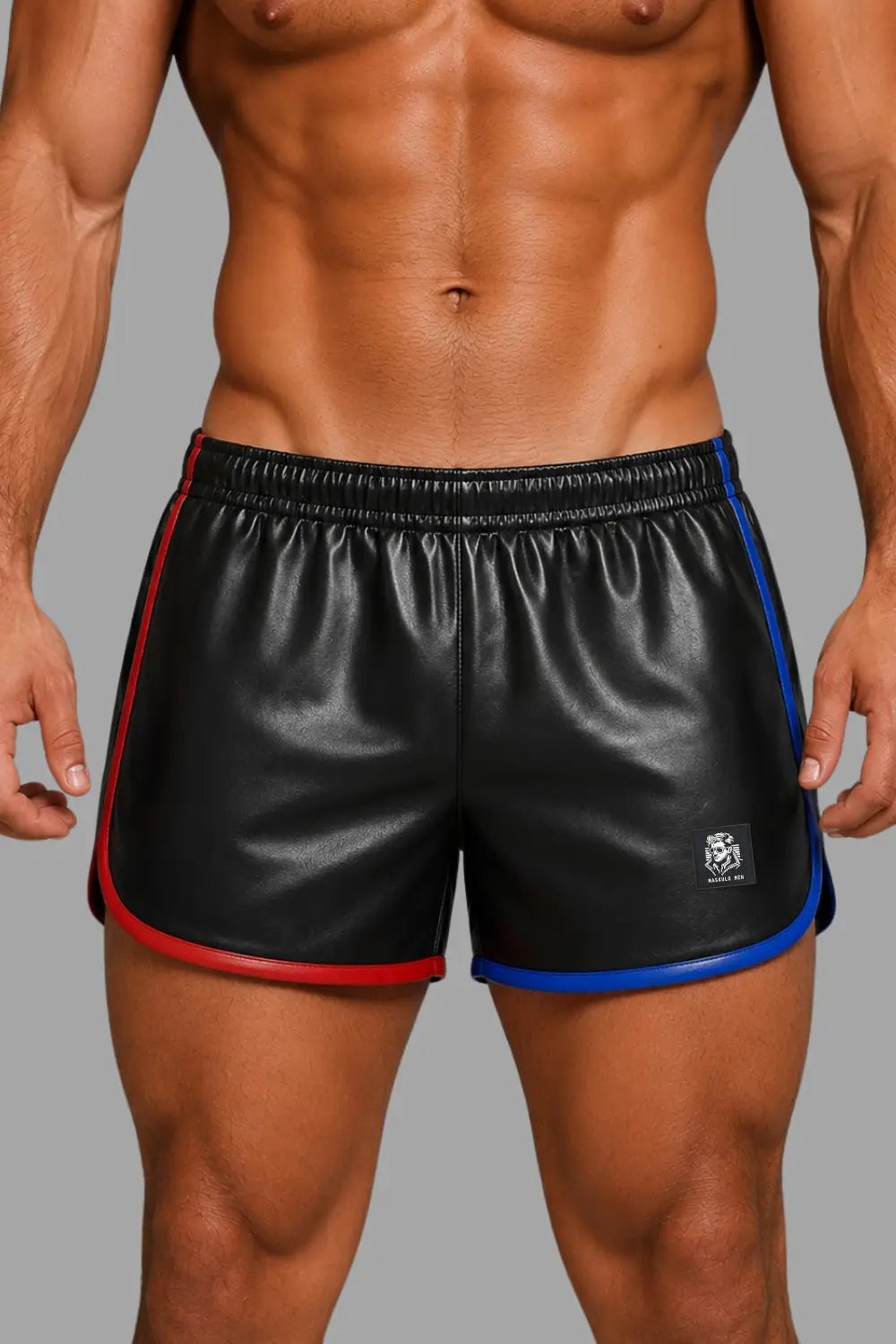 Luis Powern thick PU leather shorts. Black + Red + Blue - MSH275-Y1 - Maskulo US NY FL
