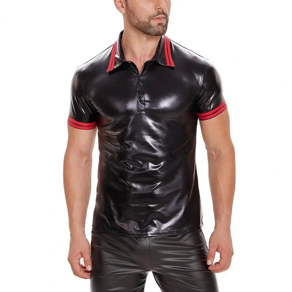 Polo Shirt of Black Shiny PU with Red Stripes - MTP179-Y1 - Maskulo US NY FL
