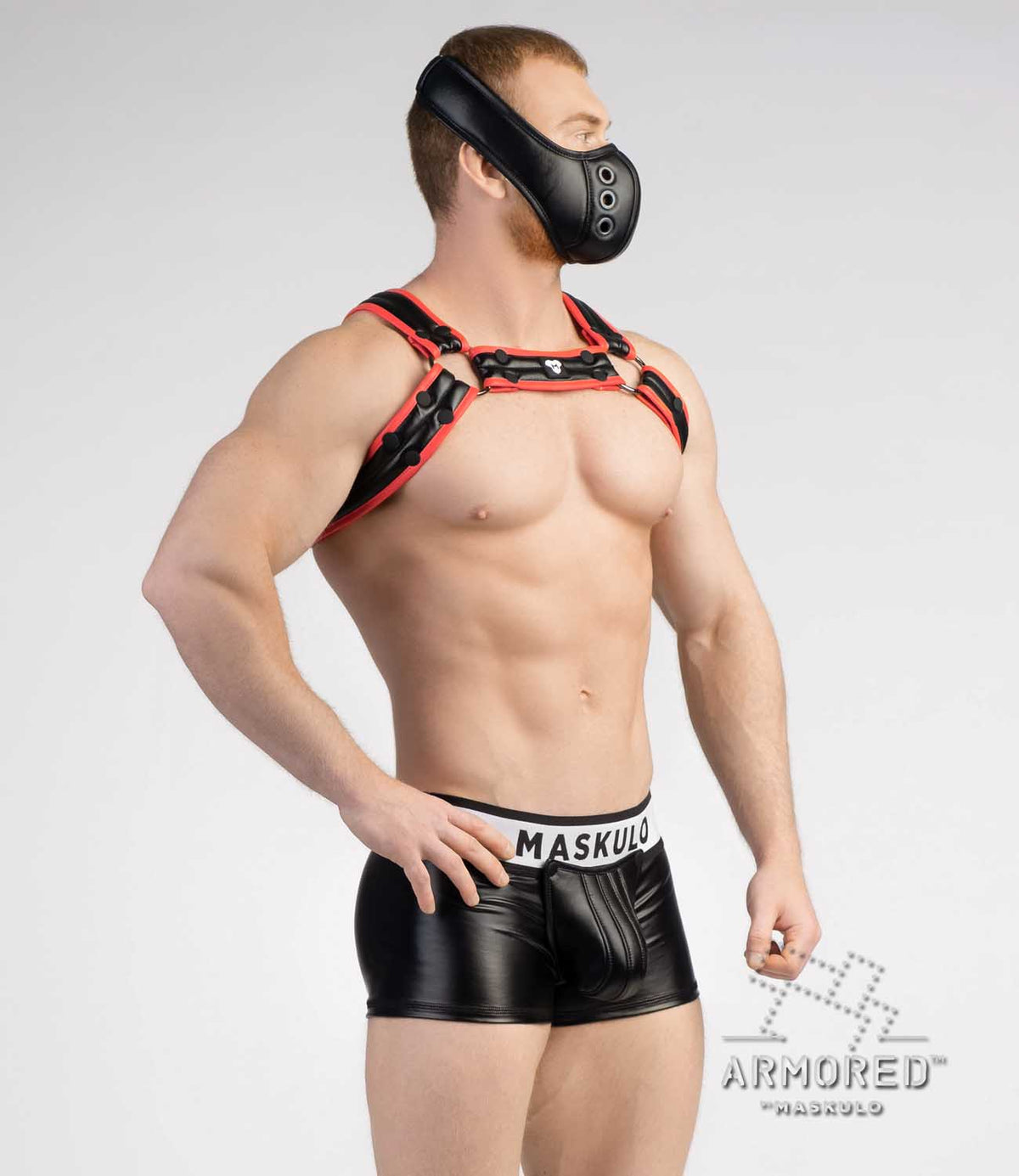 Armored Next. Men's Fetish Bulldog Harness. Red+Black