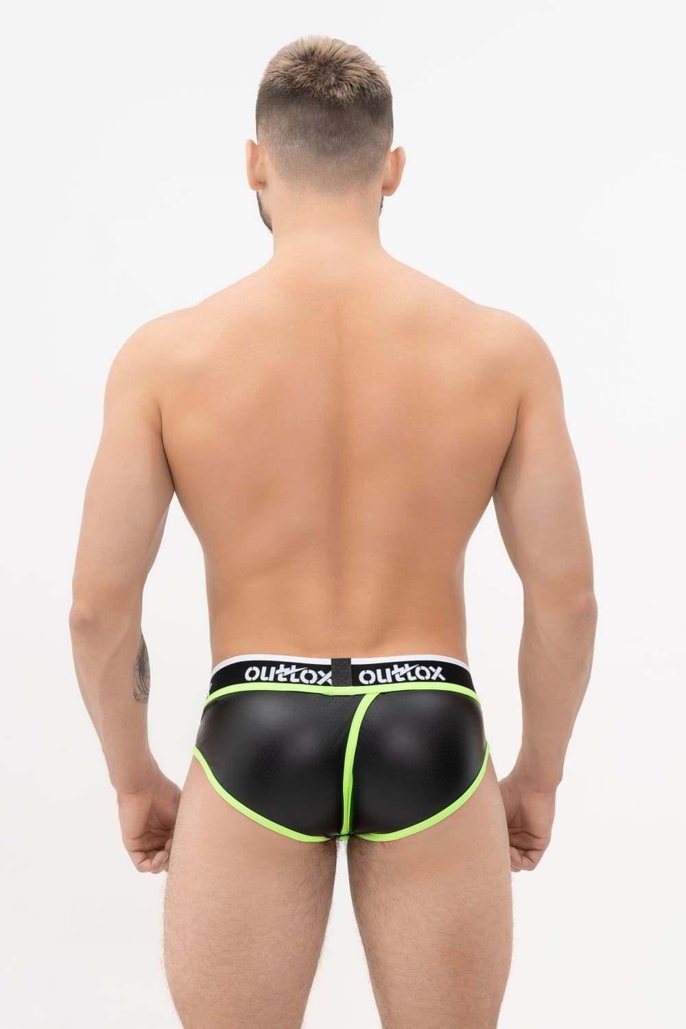 Outtox. Wrapped Rear Briefs with Snap Codpiece. Black+Green 'Neon'