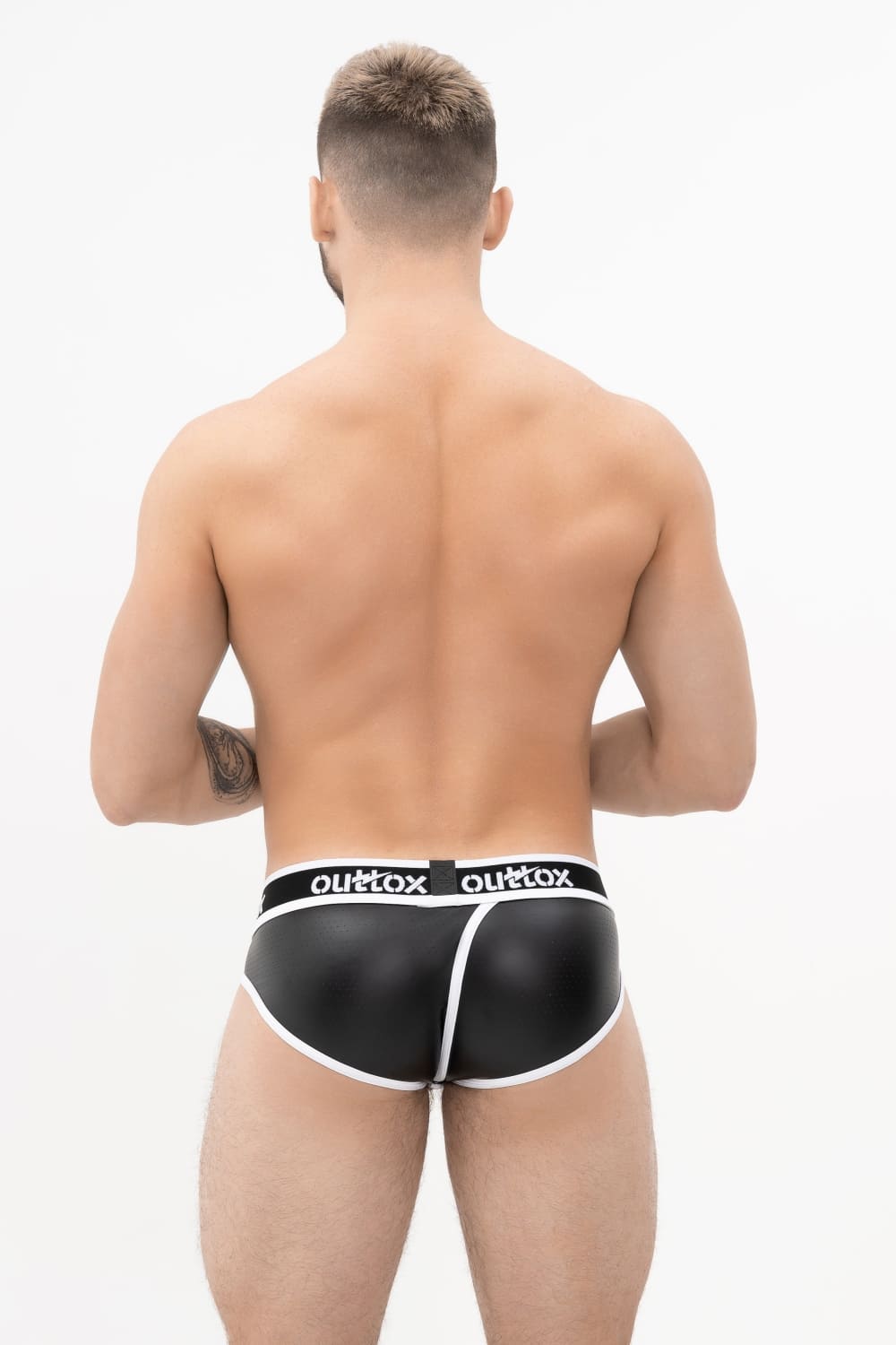 Outtox. Wrapped Rear Briefs with Snap Codpiece. Black+White