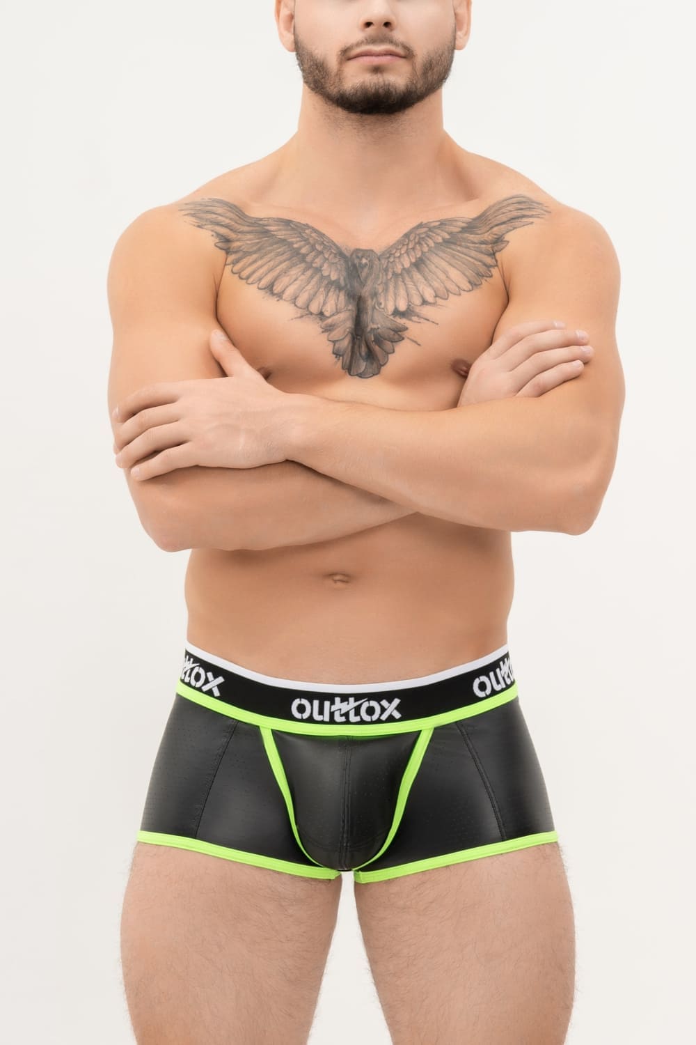 Outtox. Wrapped Rear Trunk Shorts with Snap Codpiece. Black+Green 'Neon'