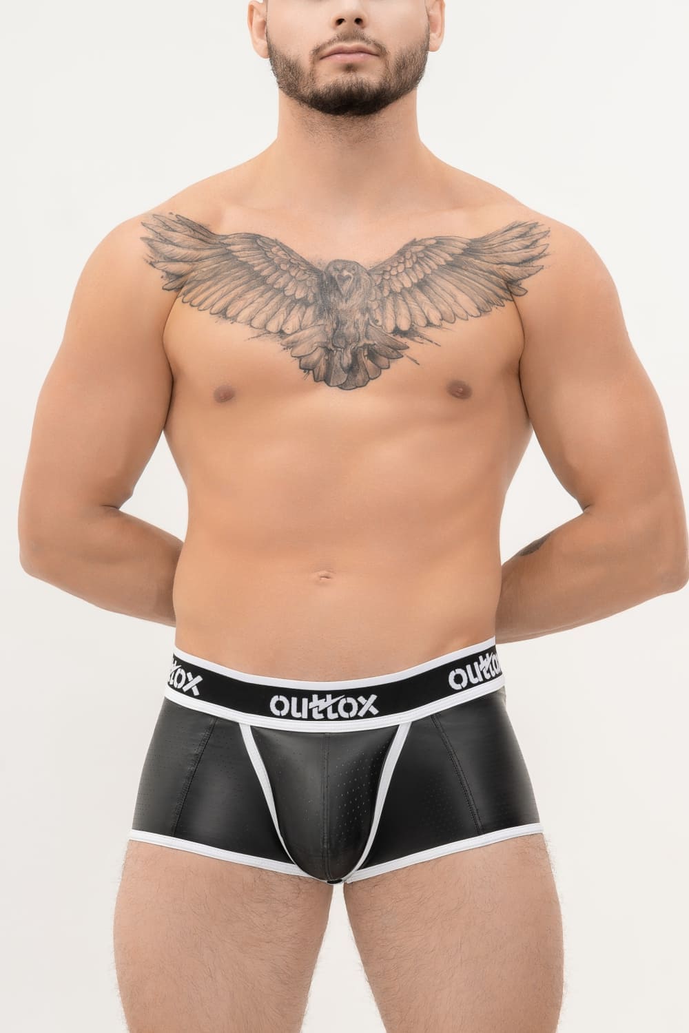 Outtox. Wrapped Rear Trunk Shorts with Snap Codpiece. Black+White