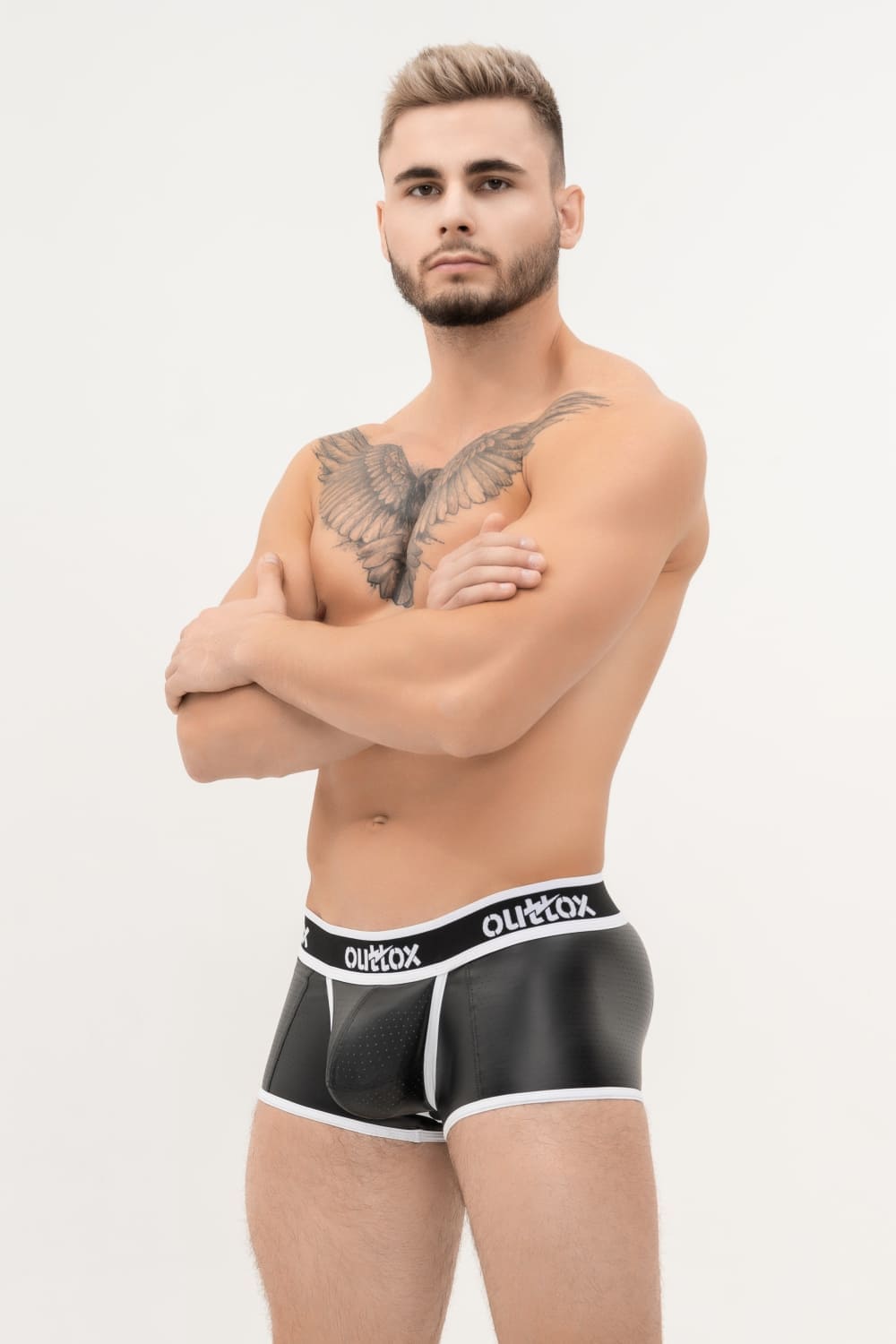Outtox. Wrapped Rear Trunk Shorts with Snap Codpiece. Black+White