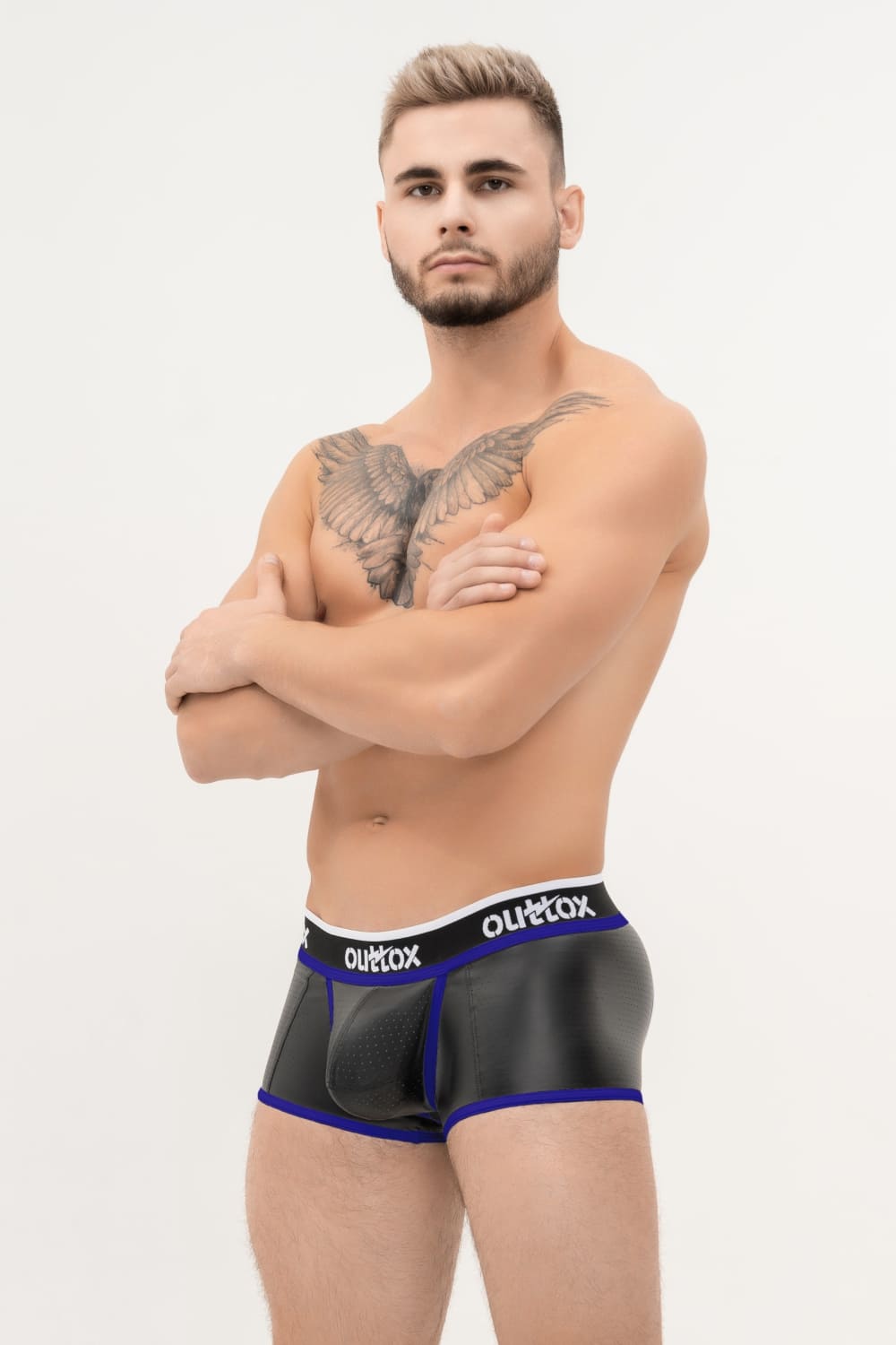 Outtox. Open Rear Trunk Shorts with Snap Codpiece. Black+Blue 'Royal'