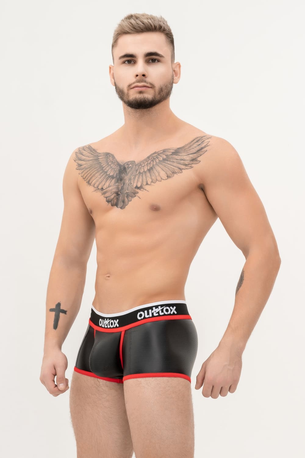 Outtox. Wrapped Rear Trunk Shorts with Snap Codpiece. Black+Red