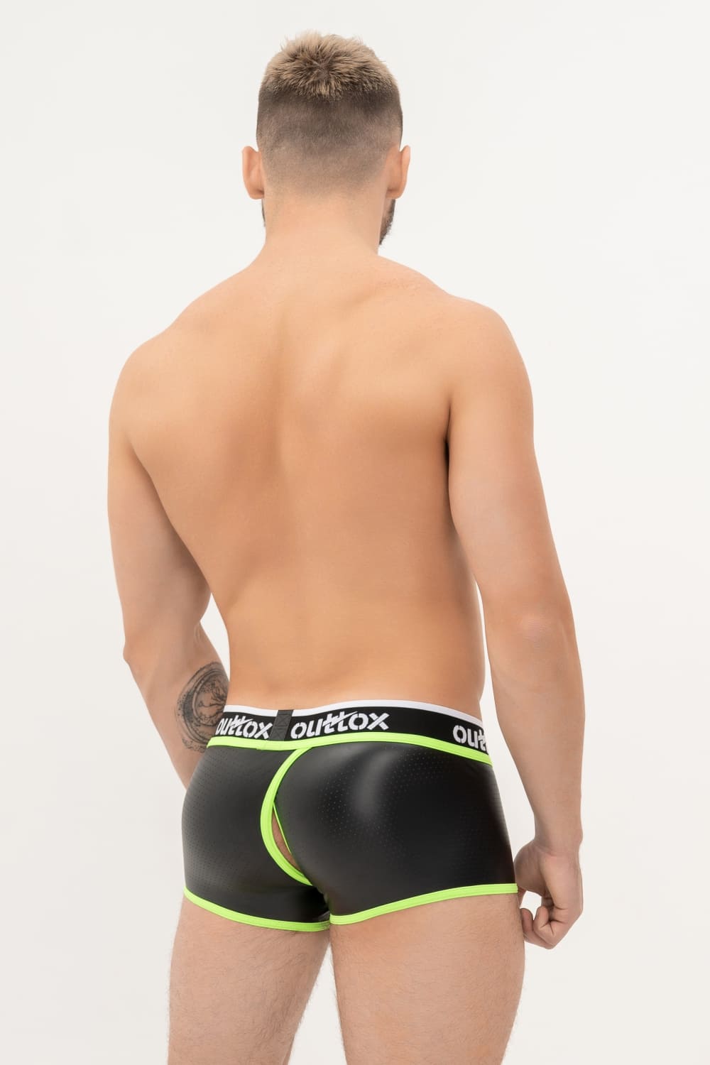 Outtox. Wrapped Rear Trunk Shorts with Snap Codpiece. Black+Green 'Neon'