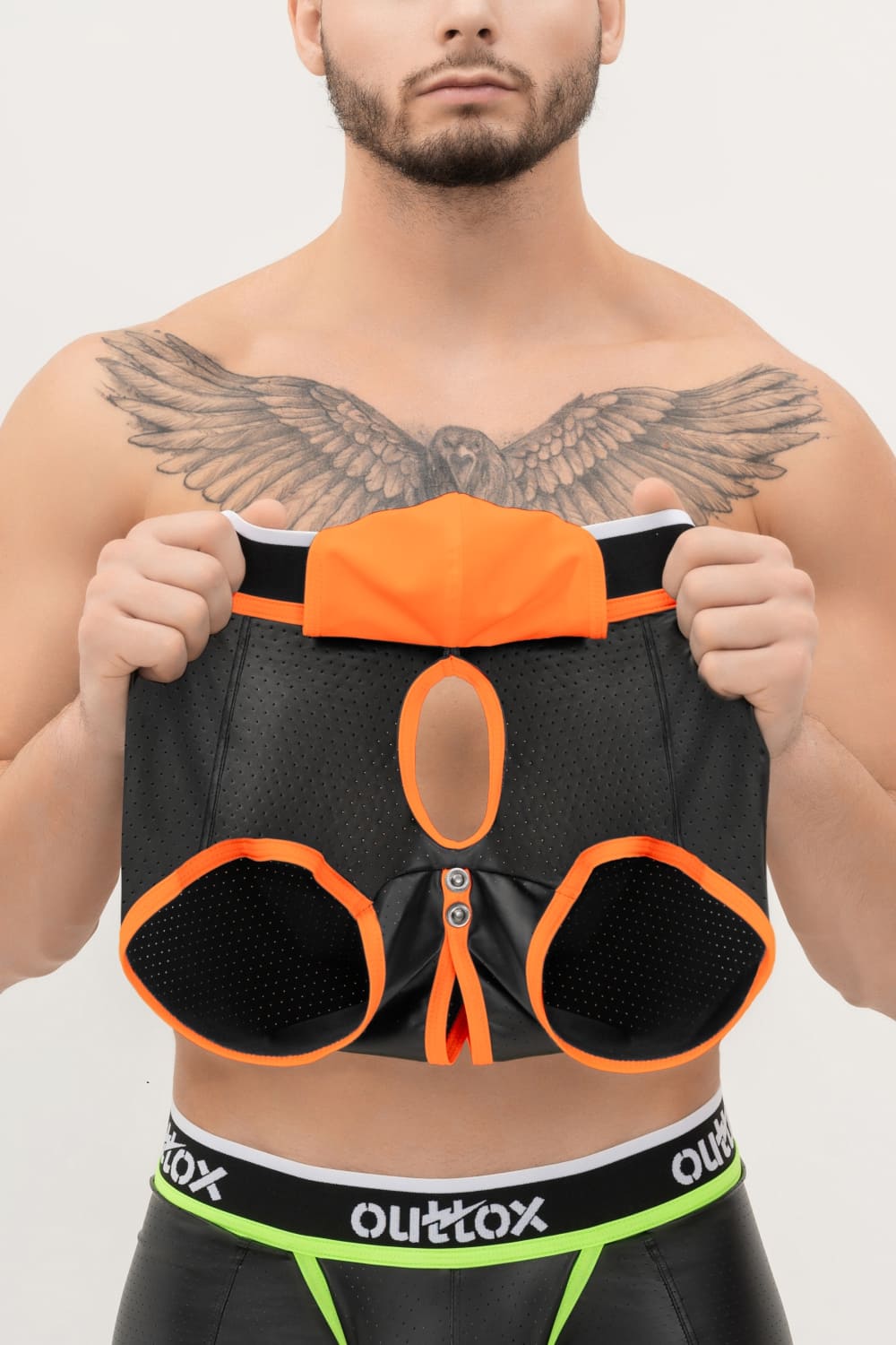 Outtox. Wrapped Rear Trunk Shorts with Snap Codpiece. Black+Orange