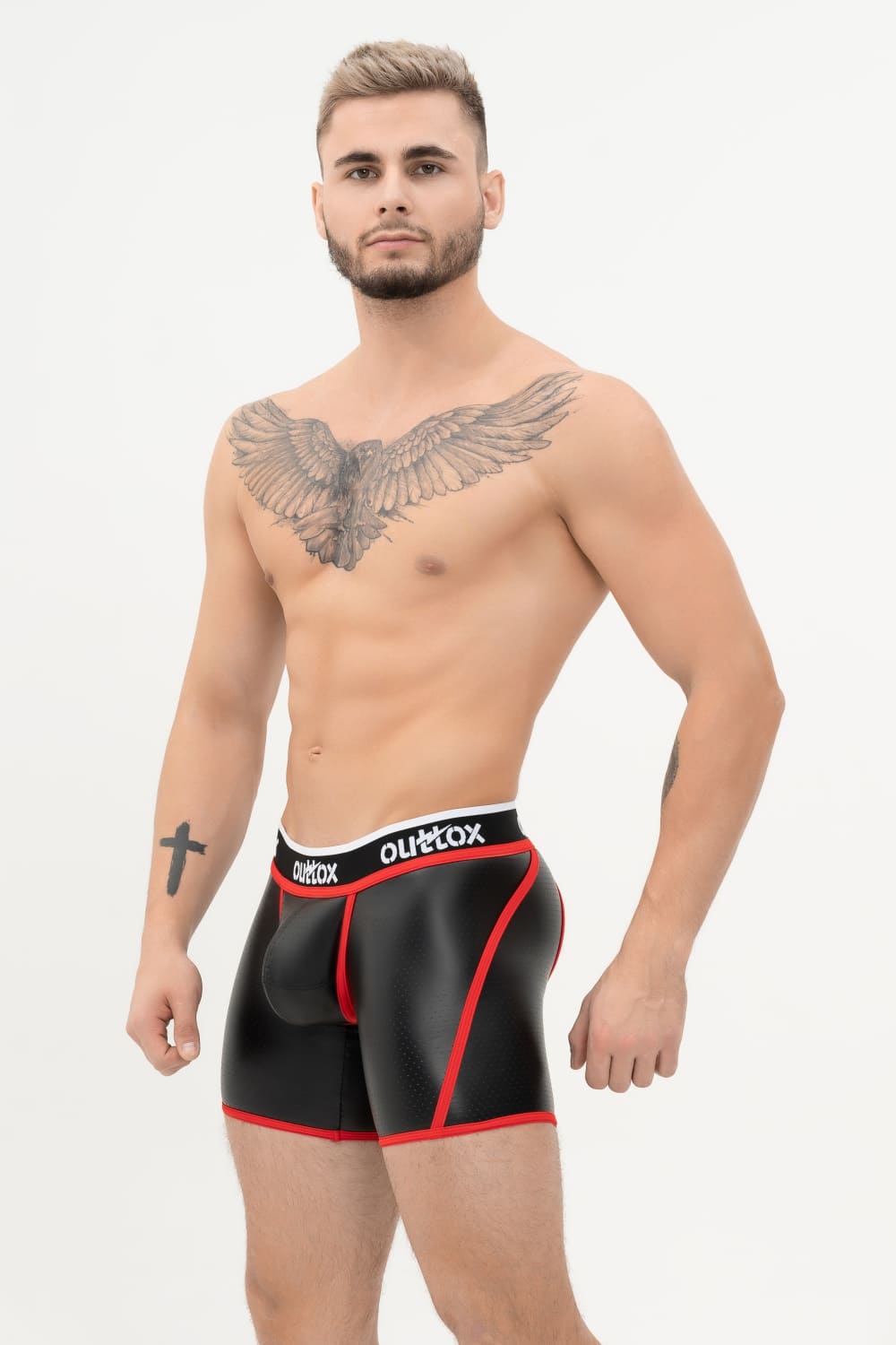 Outtox. Open Rear Shorts with Snap Codpiece. Black+Red