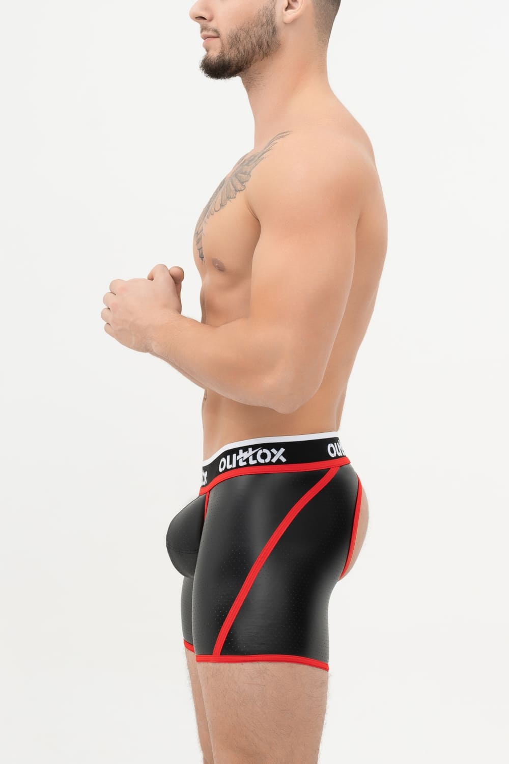 Outtox. Open Rear Shorts with Snap Codpiece. Black+Red
