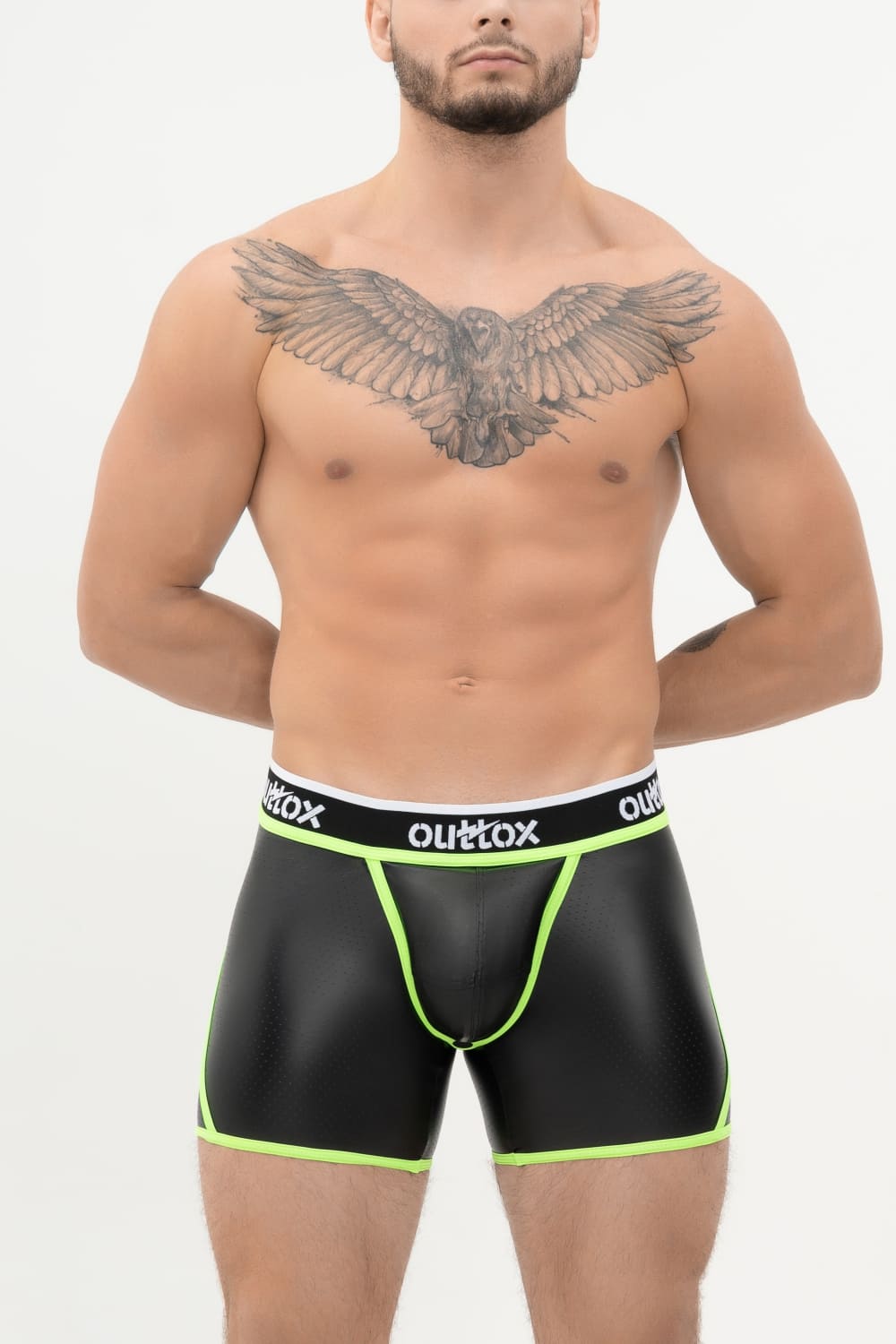 Outtox. Open Rear Shorts with Snap Codpiece. Black+Green 'Neon'