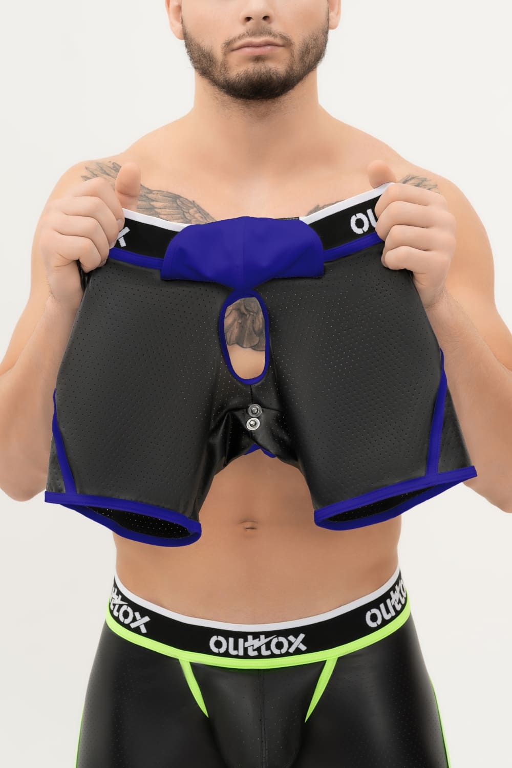 Outtox. Open Rear Shorts with Snap Codpiece. Black+Blue 'Royal'