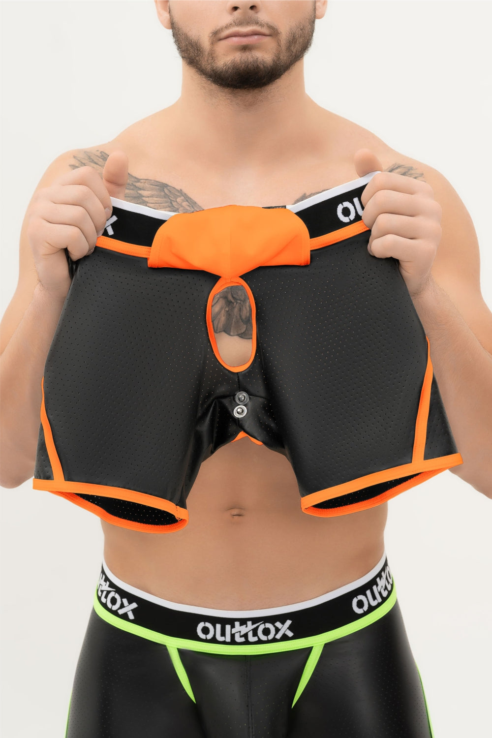 Outtox. Open Rear Shorts with Snap Codpiece. Black+Orange