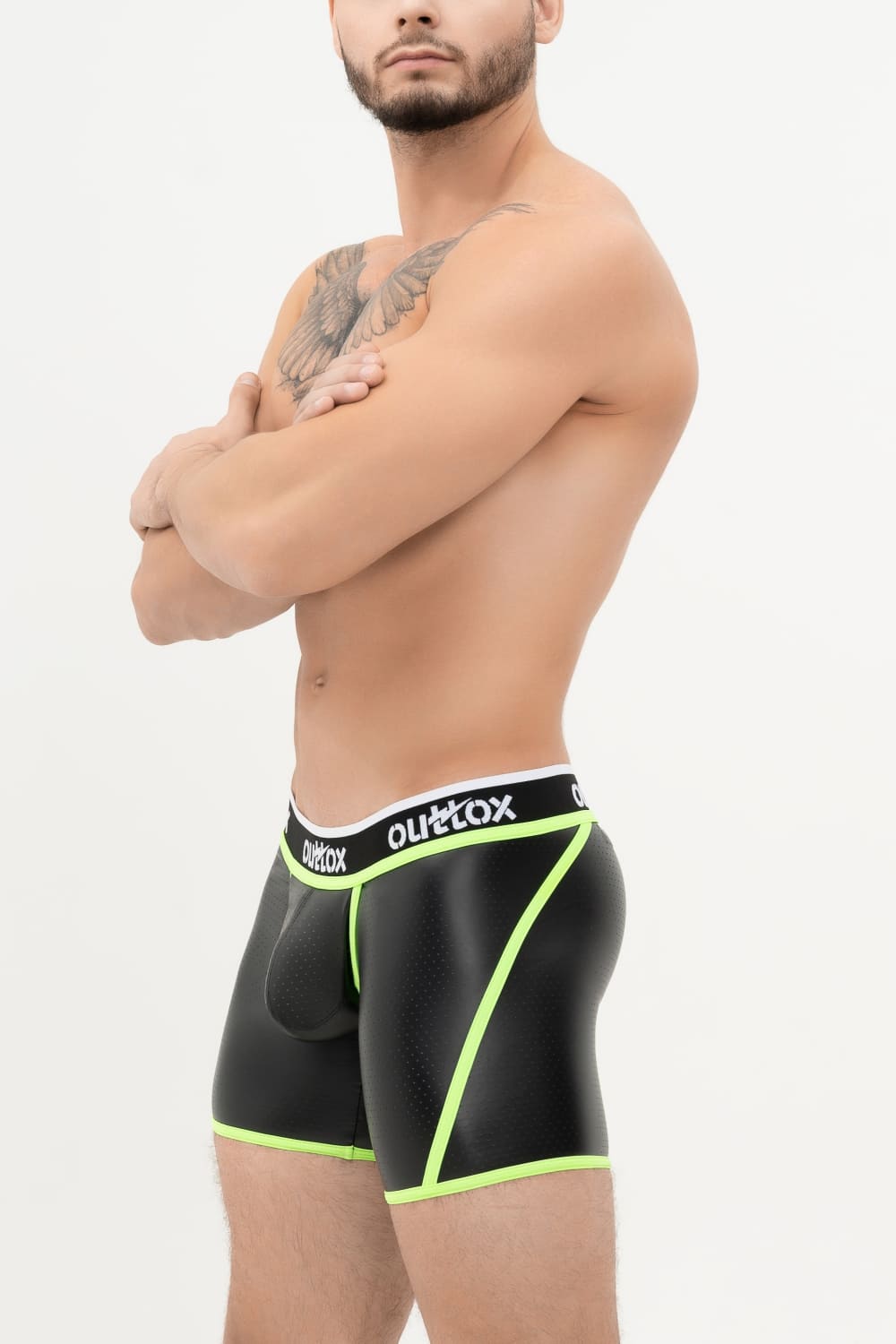 Outtox. Wrap-Rear Short Tights. Snap Codpiece. Black+Green 'Neon'