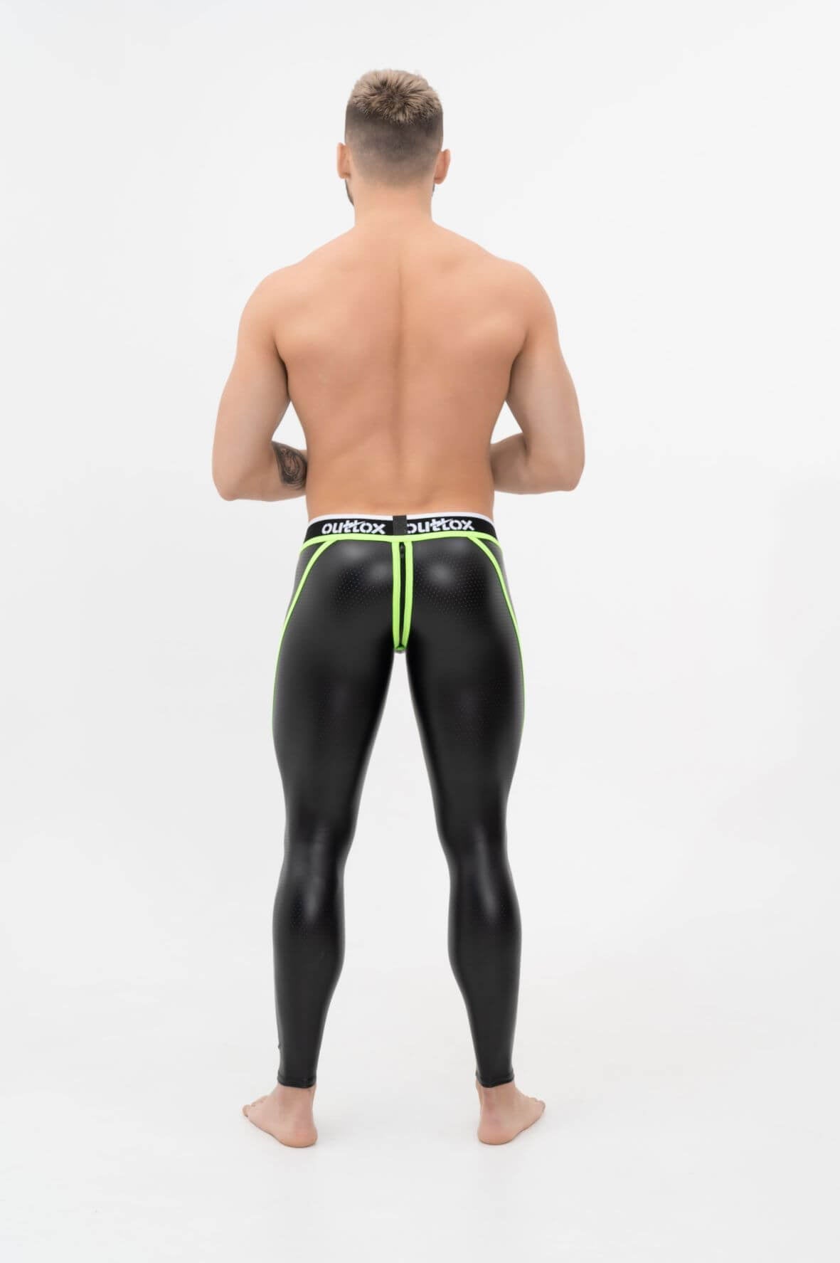Outtox. Zip-Rear Leggings with Snap Codpiece. Black+Green 'Neon'