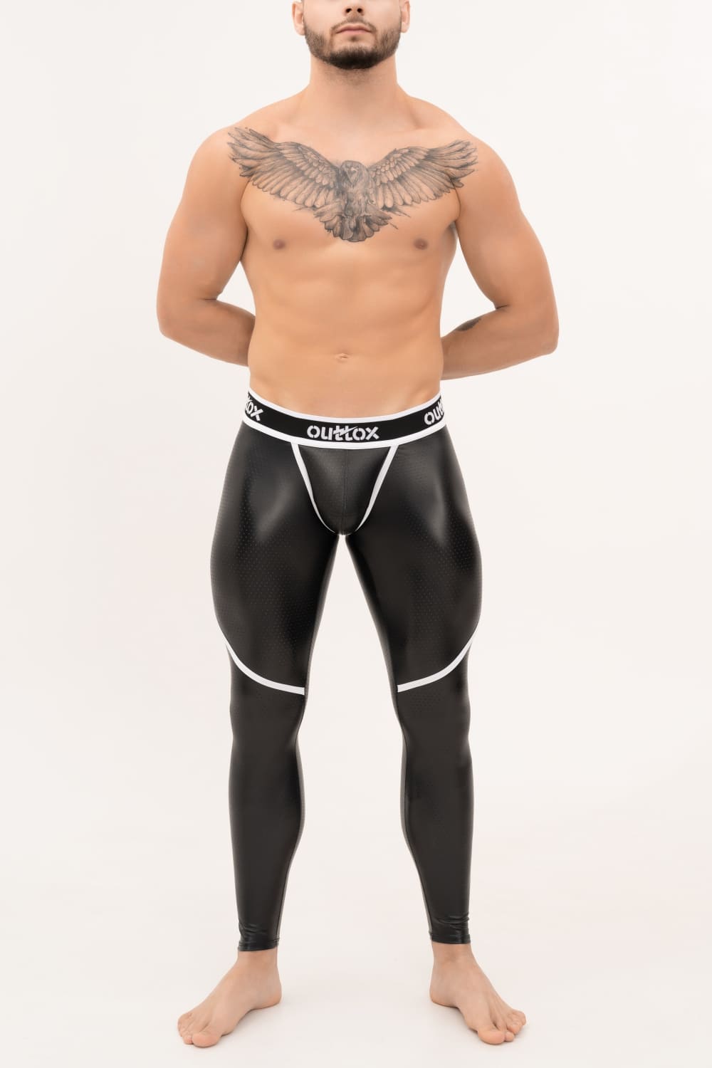 Outtox. Zip-Rear Leggings with Snap Codpiece. Black+White