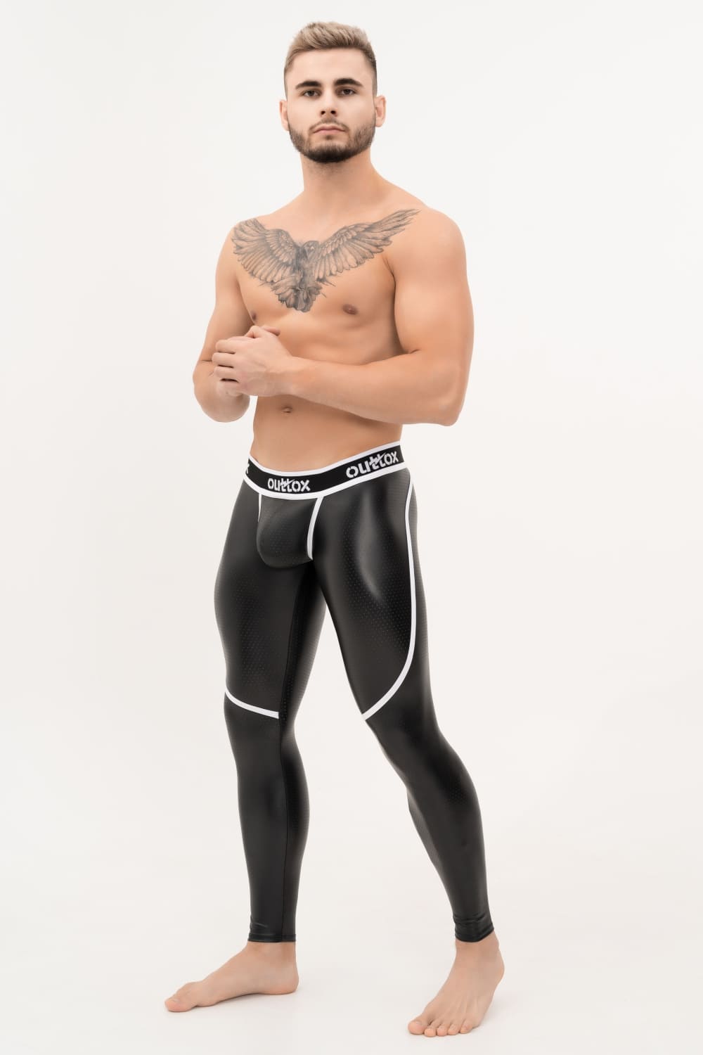 Outtox. Zip-Rear Leggings with Snap Codpiece. Black+White