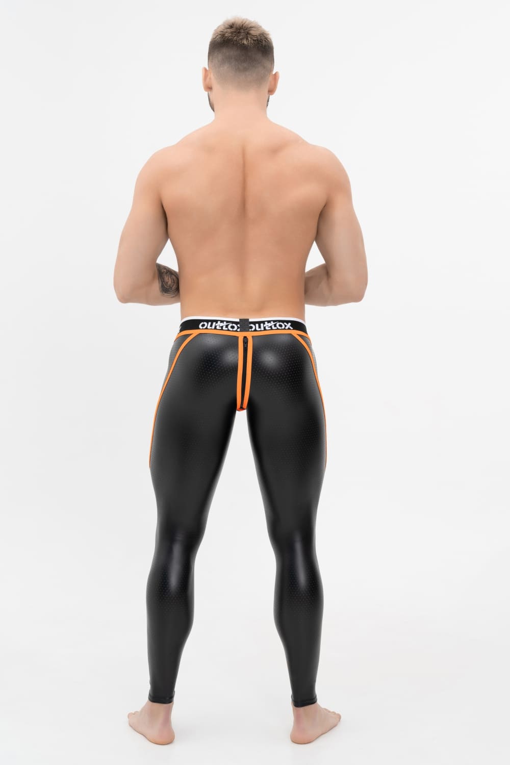 Outtox. Zip-Rear Leggings with Snap Codpiece. Black+Orange