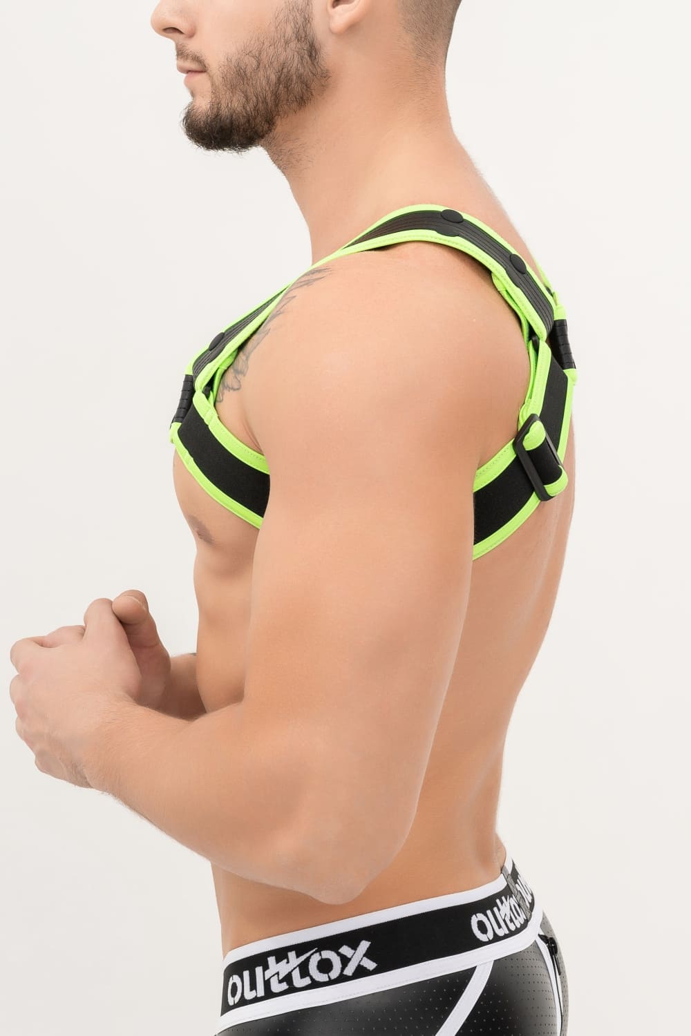Outtox. Bulldog Harness with Snaps. Black+Green 'Neon'