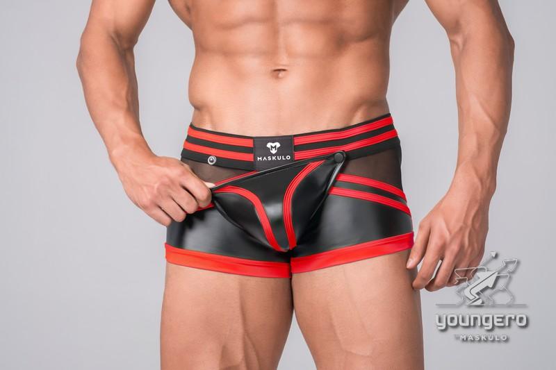Youngero Generation Y. Men's Trunk Shorts. Codpiece. Zippered Rear. Black+Red